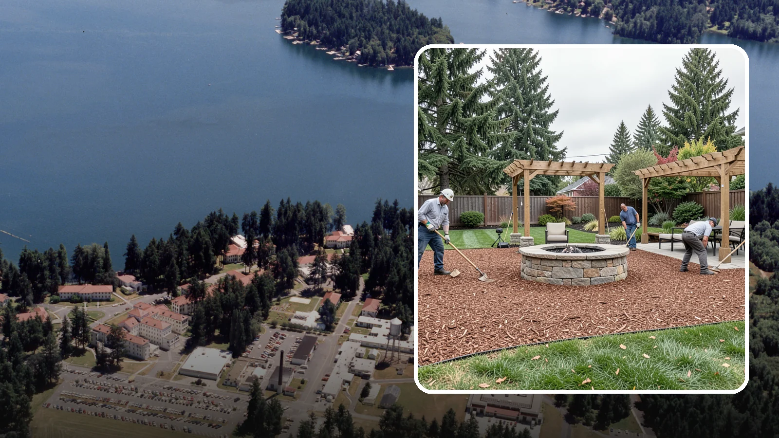Arborist Wood Chip Installation in Lakewood, Pierce County, WA - We install fresh arborist wood chips that build soil naturally and make an economical, sustainable mulch for large areas.
