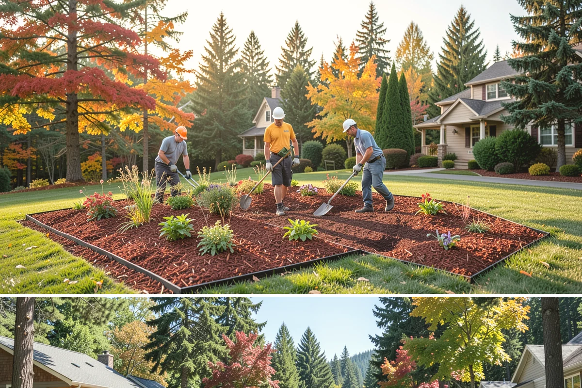 Arborist Wood Chip Installation in Orting, Pierce County, WA - Arborist chips can go down any season, but a fall application in the Northwest insulates roots and lets the chips mellow over...
