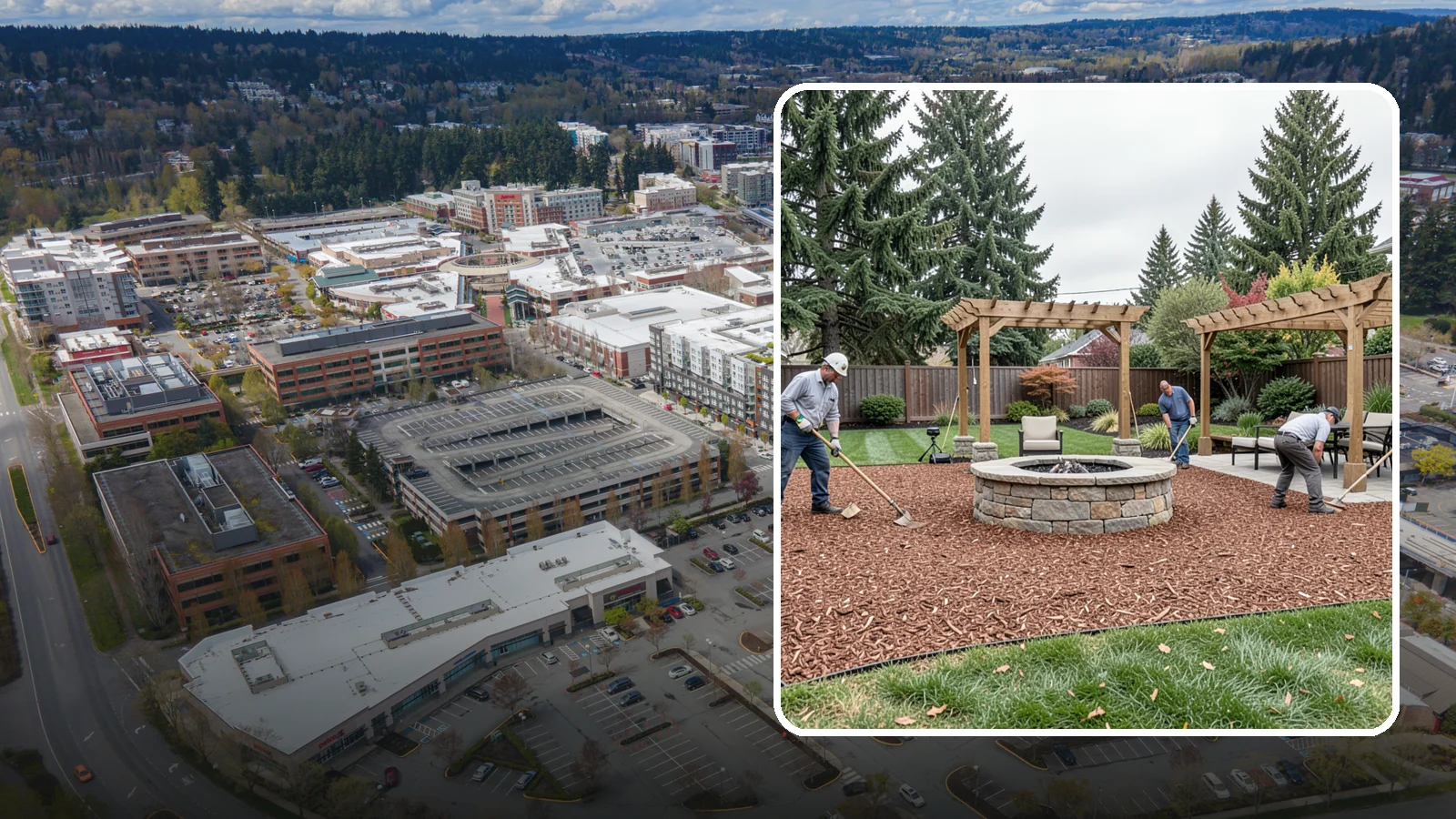 Arborist Wood Chip Installation in Redmond, King County, WA - We install fresh arborist wood chips that build soil naturally and make an economical, sustainable mulch for large areas.