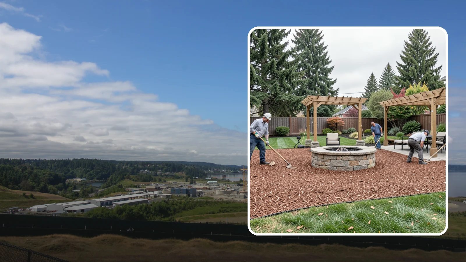 Arborist Wood Chip Installation in University Place, Pierce County, WA - We install fresh arborist wood chips that build soil naturally and make an economical, sustainable mulch for large areas.