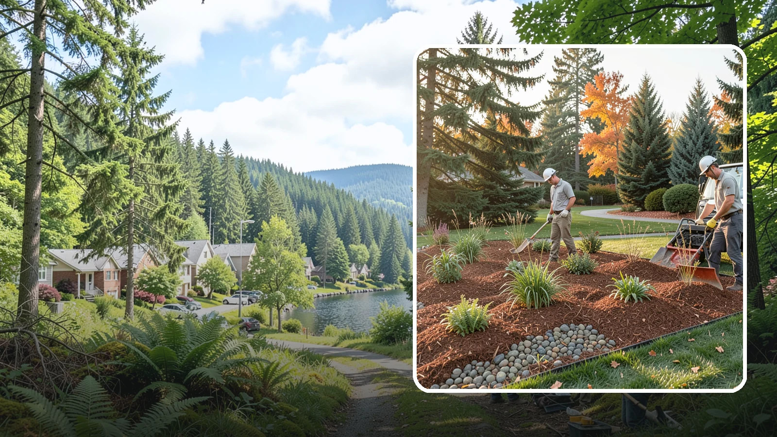 Bark Replacement in Lake Forest Park, King County, WA - We strip out spent, matted bark and lay down fresh Douglas fir or hemlock bark that stands up to Puget Sound rain.