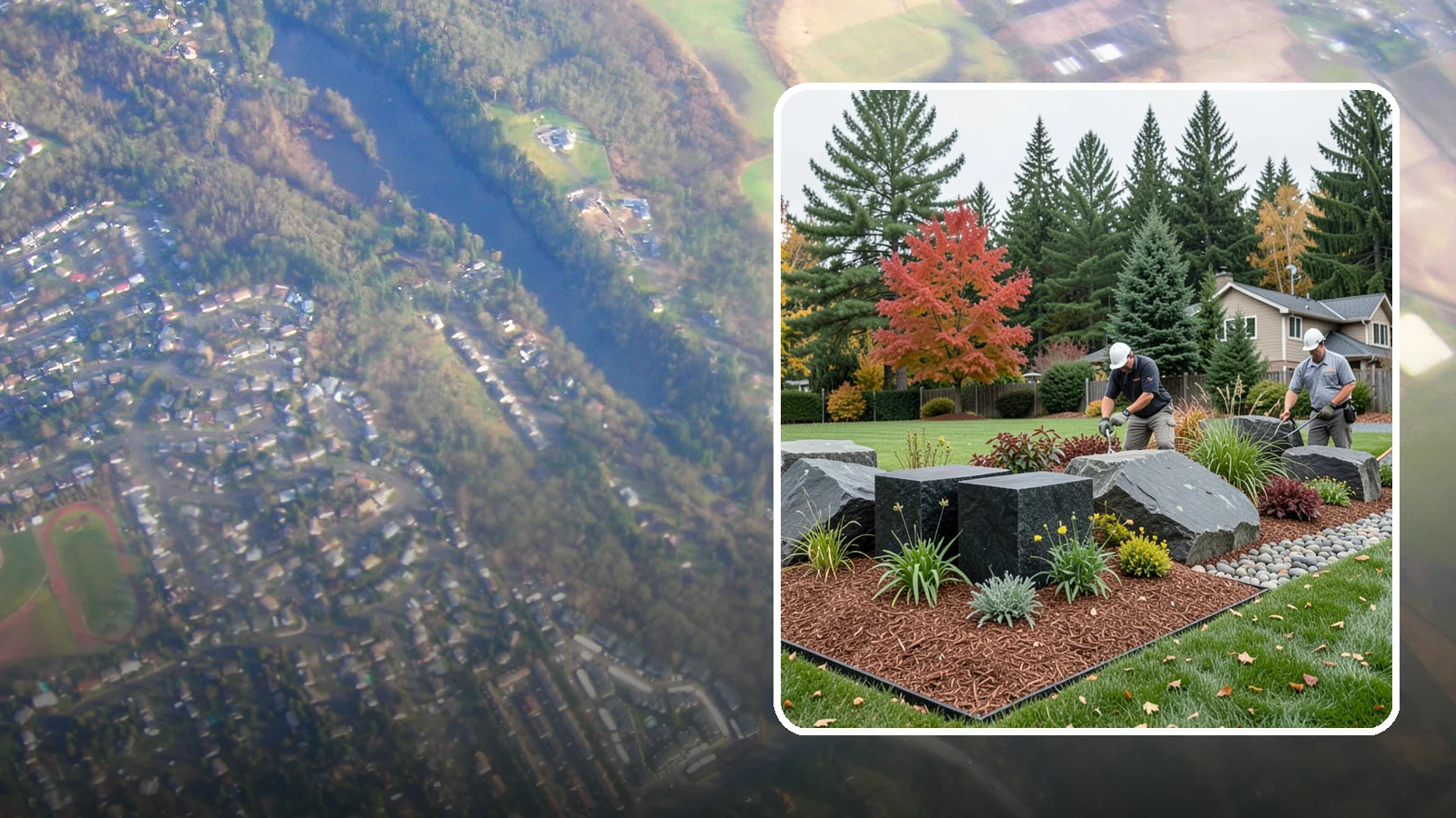 Basalt Rock Installation in Algona, King County, WA - Dark, dense Northwest basalt in columns, boulders, and crushed forms for a bold, native-stone character.