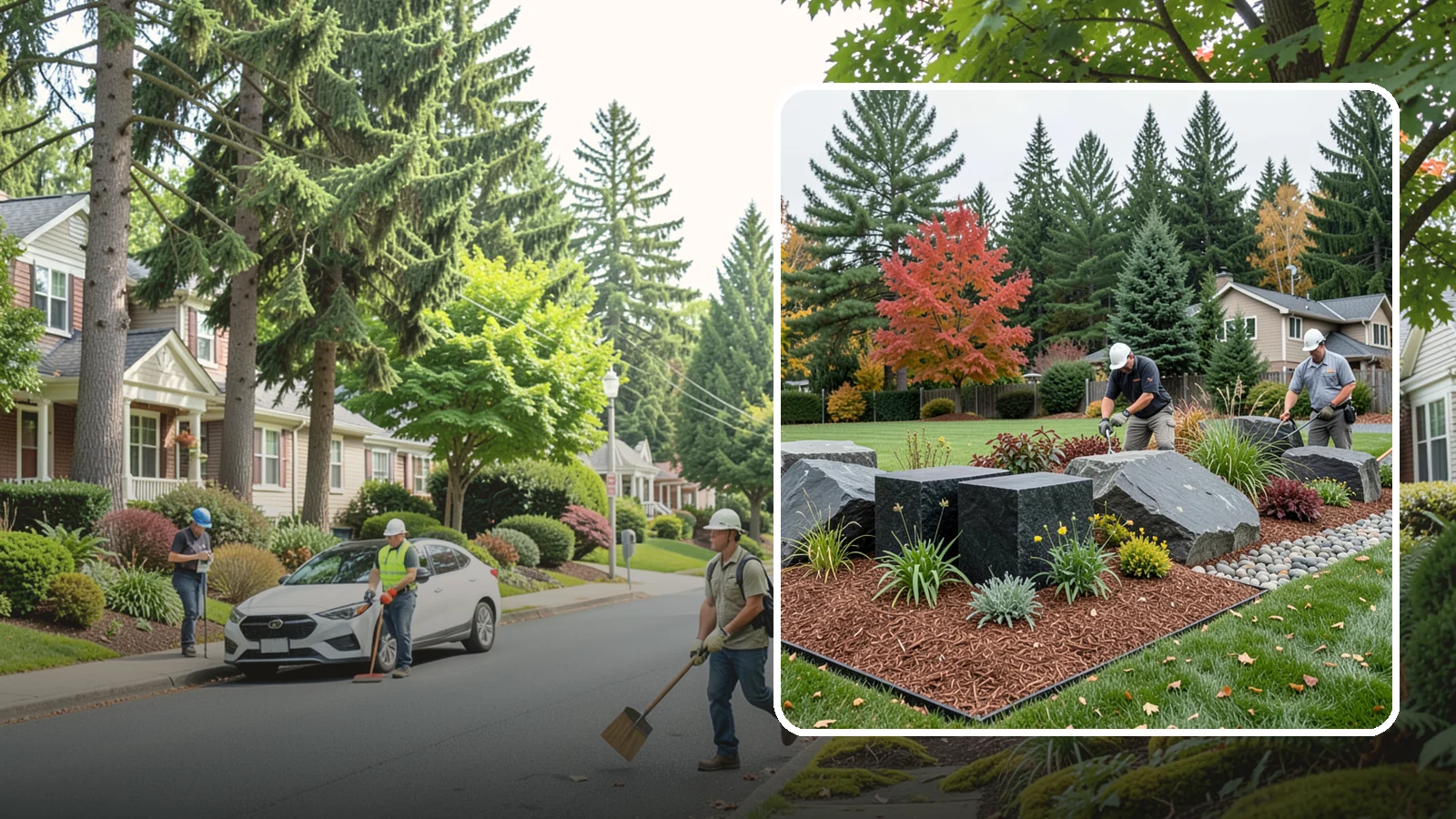 Basalt Rock Installation in Beaux Arts Village, King County, WA - Dark, dense Northwest basalt in columns, boulders, and crushed forms for a bold, native-stone character.