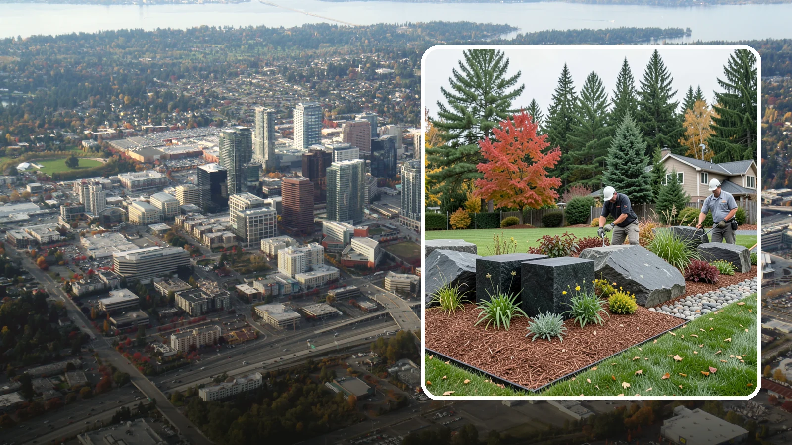 Basalt Rock Installation in Bellevue, King County, WA - Dark, dense Northwest basalt in columns, boulders, and crushed forms for a bold, native-stone character.