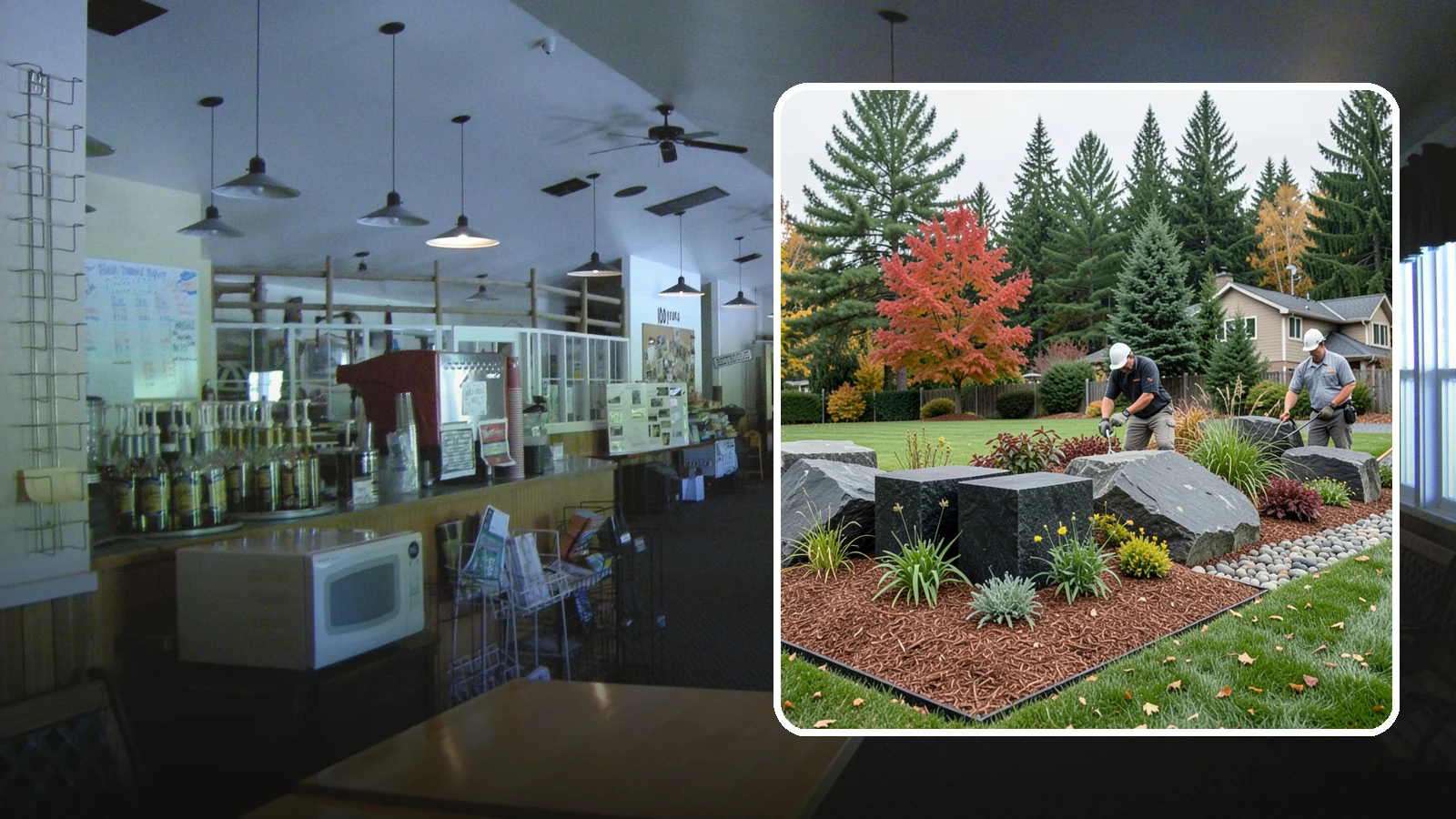 Basalt Rock Installation in Black Diamond, King County, WA - Dark, dense Northwest basalt in columns, boulders, and crushed forms for a bold, native-stone character.