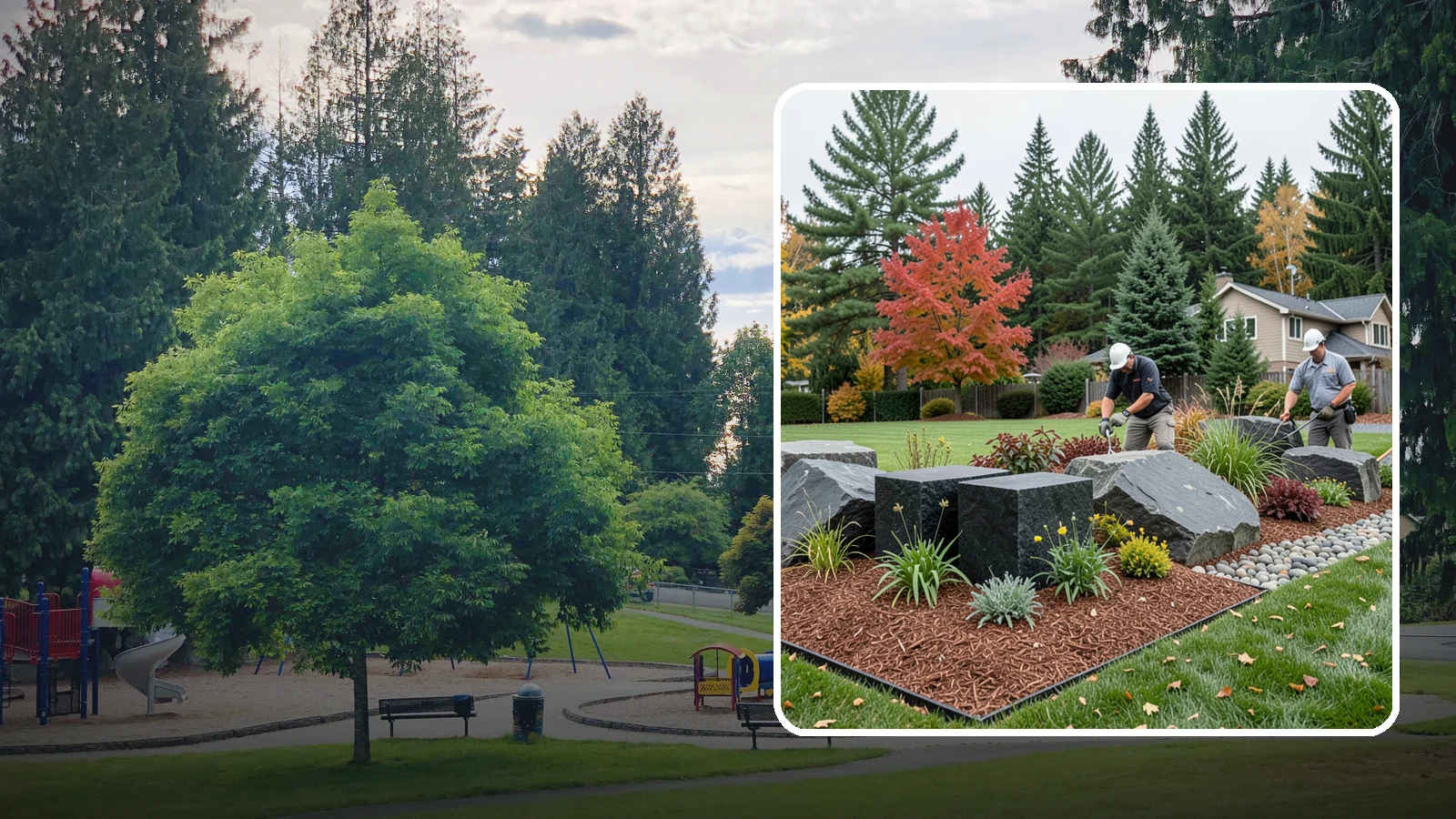 Basalt Rock Installation in Bonney Lake, Pierce County, WA - Dark, dense Northwest basalt in columns, boulders, and crushed forms for a bold, native-stone character.