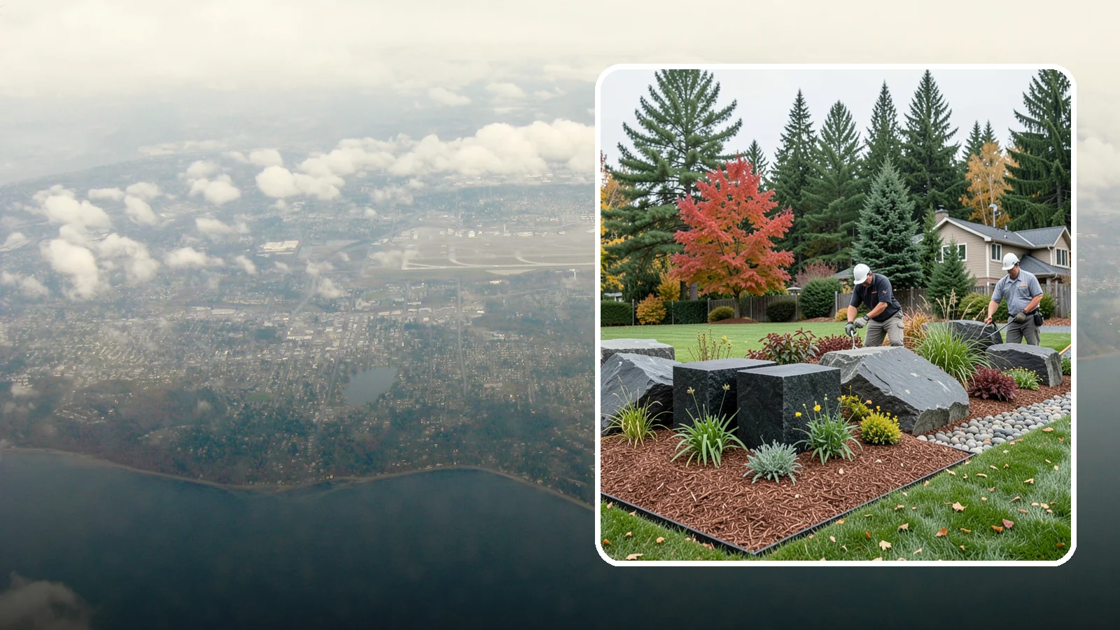 Basalt Rock Installation in Burien, King County, WA - Dark, dense Northwest basalt in columns, boulders, and crushed forms for a bold, native-stone character.