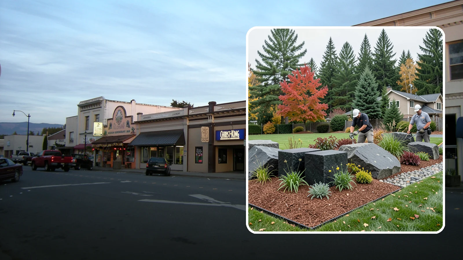 Basalt Rock Installation in Burlington, Skagit County, WA - Dark, dense Northwest basalt in columns, boulders, and crushed forms for a bold, native-stone character.