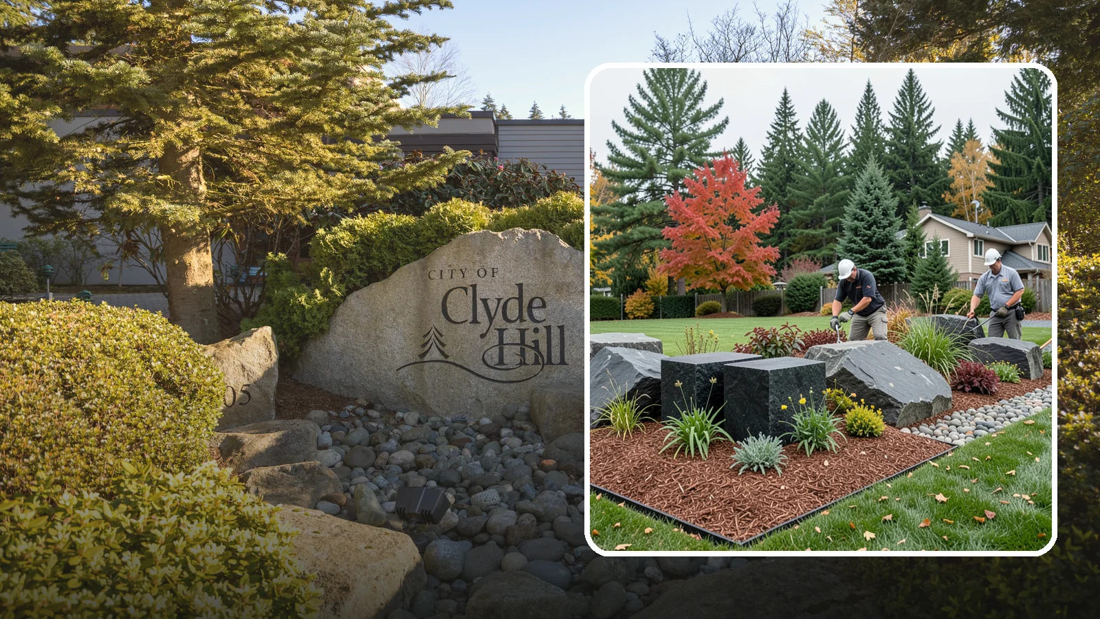 Basalt Rock Installation in Clyde Hill, King County, WA - Dark, dense Northwest basalt in columns, boulders, and crushed forms for a bold, native-stone character.