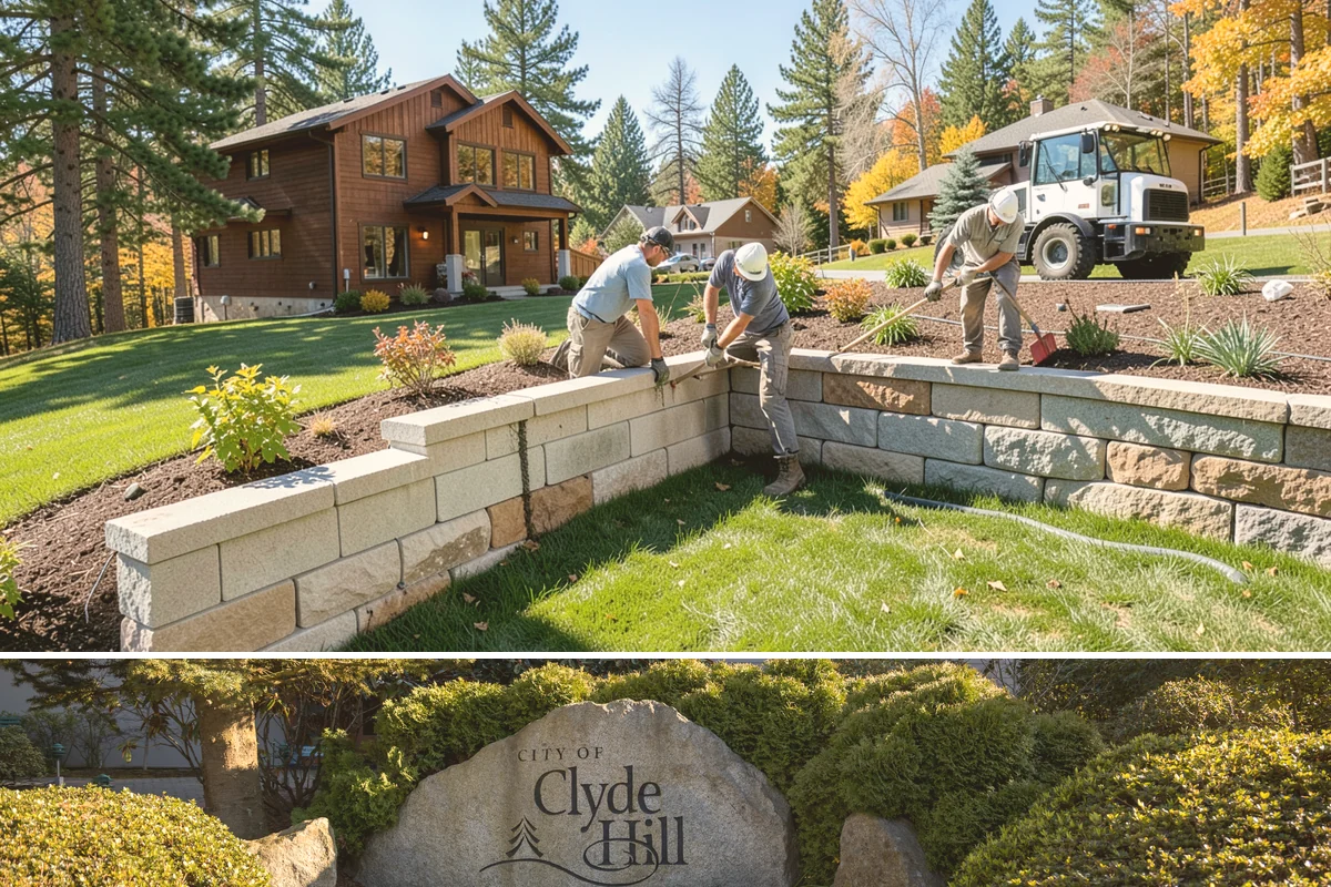 Basalt Rock Installation in Clyde Hill, King County, WA - Basalt can be set any time of year, though summer's firmer ground makes placing heavy boulders and columns safer and easier.