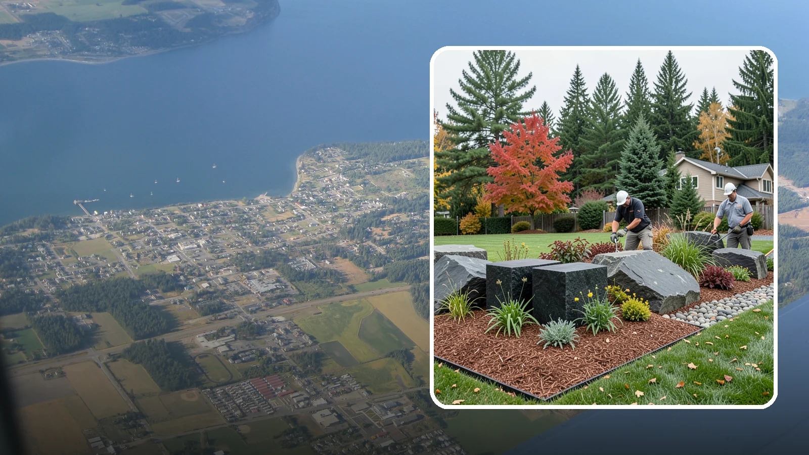Basalt Rock Installation in Coupeville, Island County, WA - Dark, dense Northwest basalt in columns, boulders, and crushed forms for a bold, native-stone character.