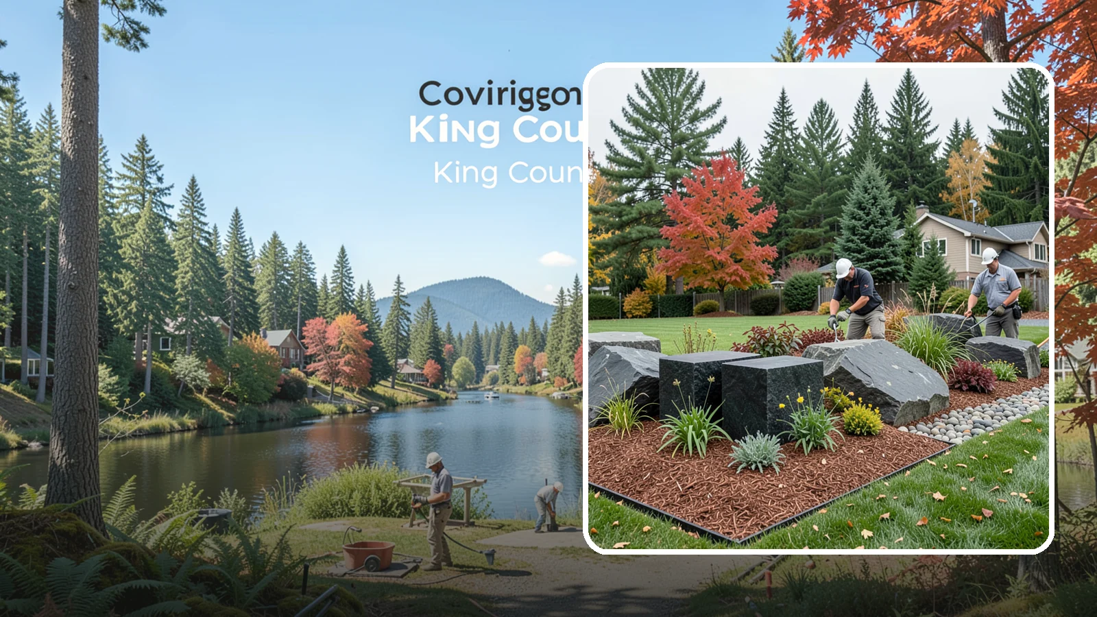 Basalt Rock Installation in Covington, King County, WA - Dark, dense Northwest basalt in columns, boulders, and crushed forms for a bold, native-stone character.