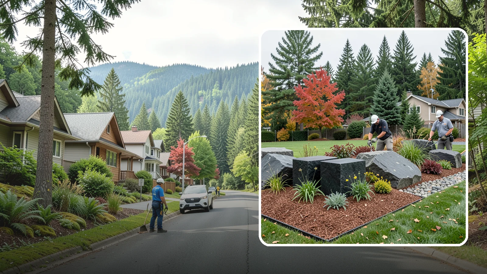Basalt Rock Installation in Darrington, Snohomish County, WA - Dark, dense Northwest basalt in columns, boulders, and crushed forms for a bold, native-stone character.