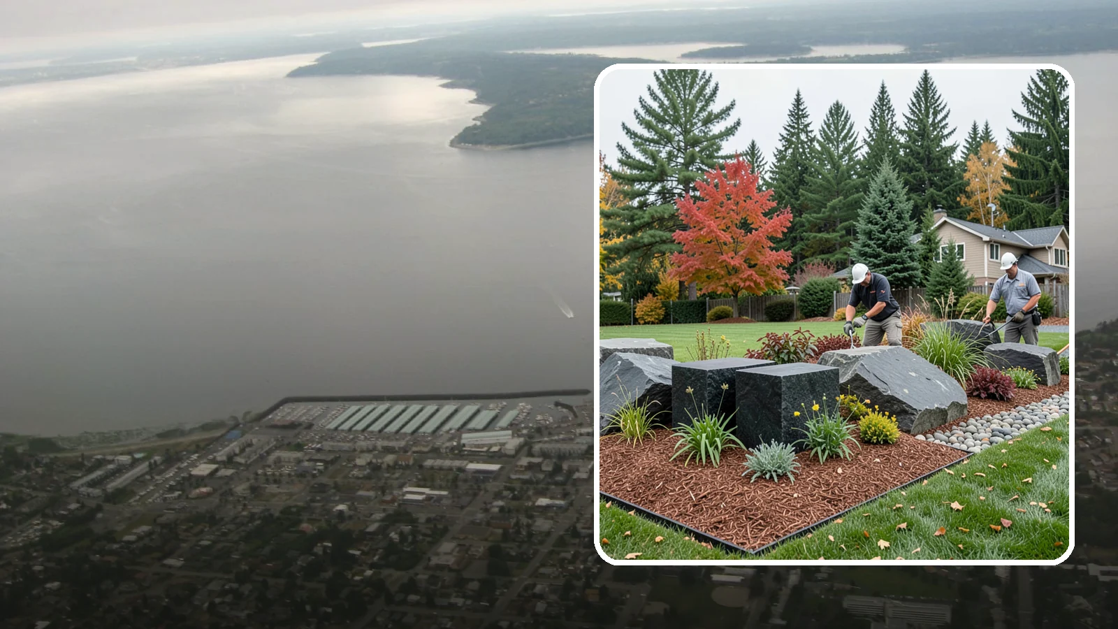 Basalt Rock Installation in Des Moines, King County, WA - Dark, dense Northwest basalt in columns, boulders, and crushed forms for a bold, native-stone character.