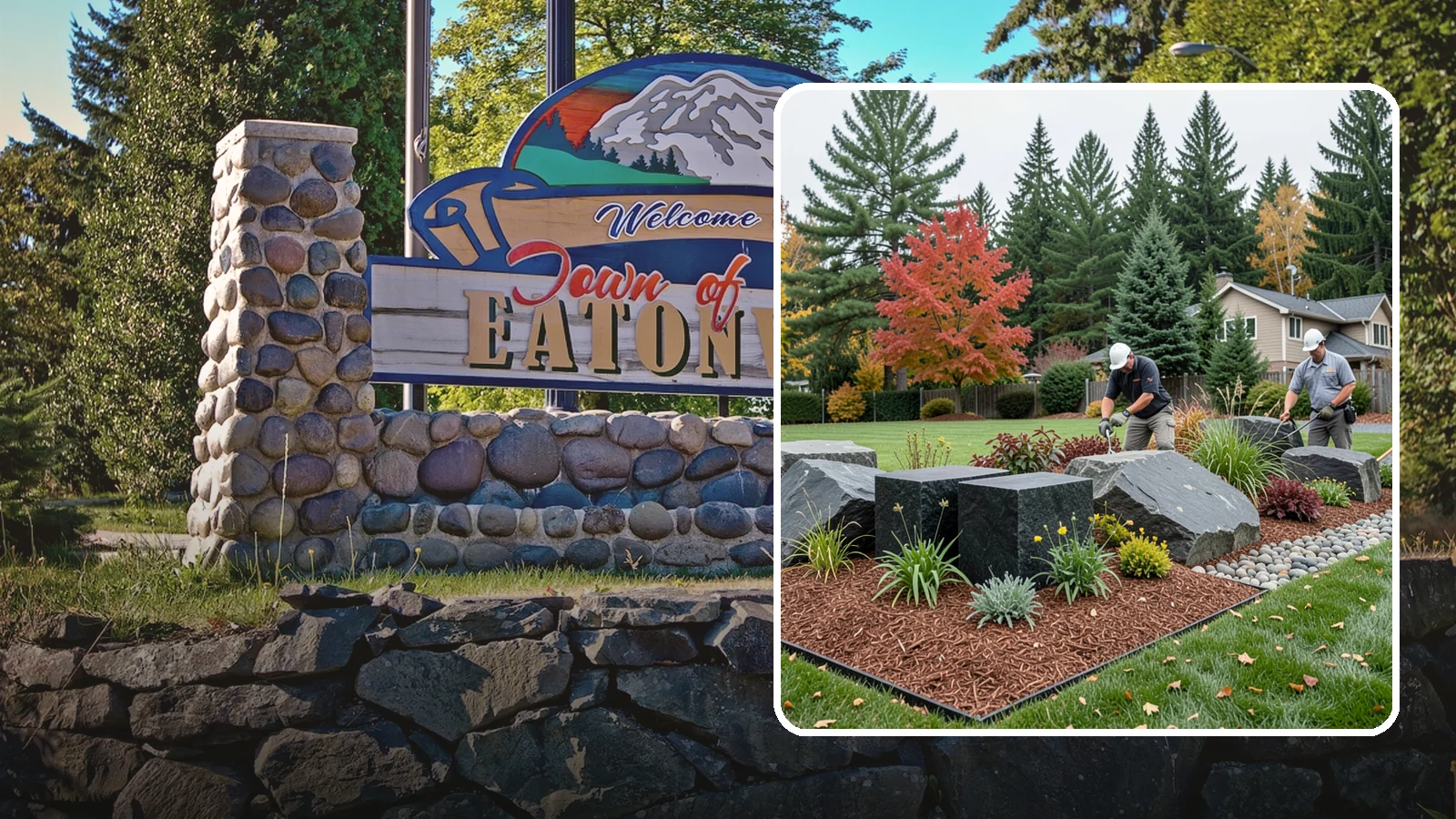 Basalt Rock Installation in Eatonville, Pierce County, WA - Dark, dense Northwest basalt in columns, boulders, and crushed forms for a bold, native-stone character.