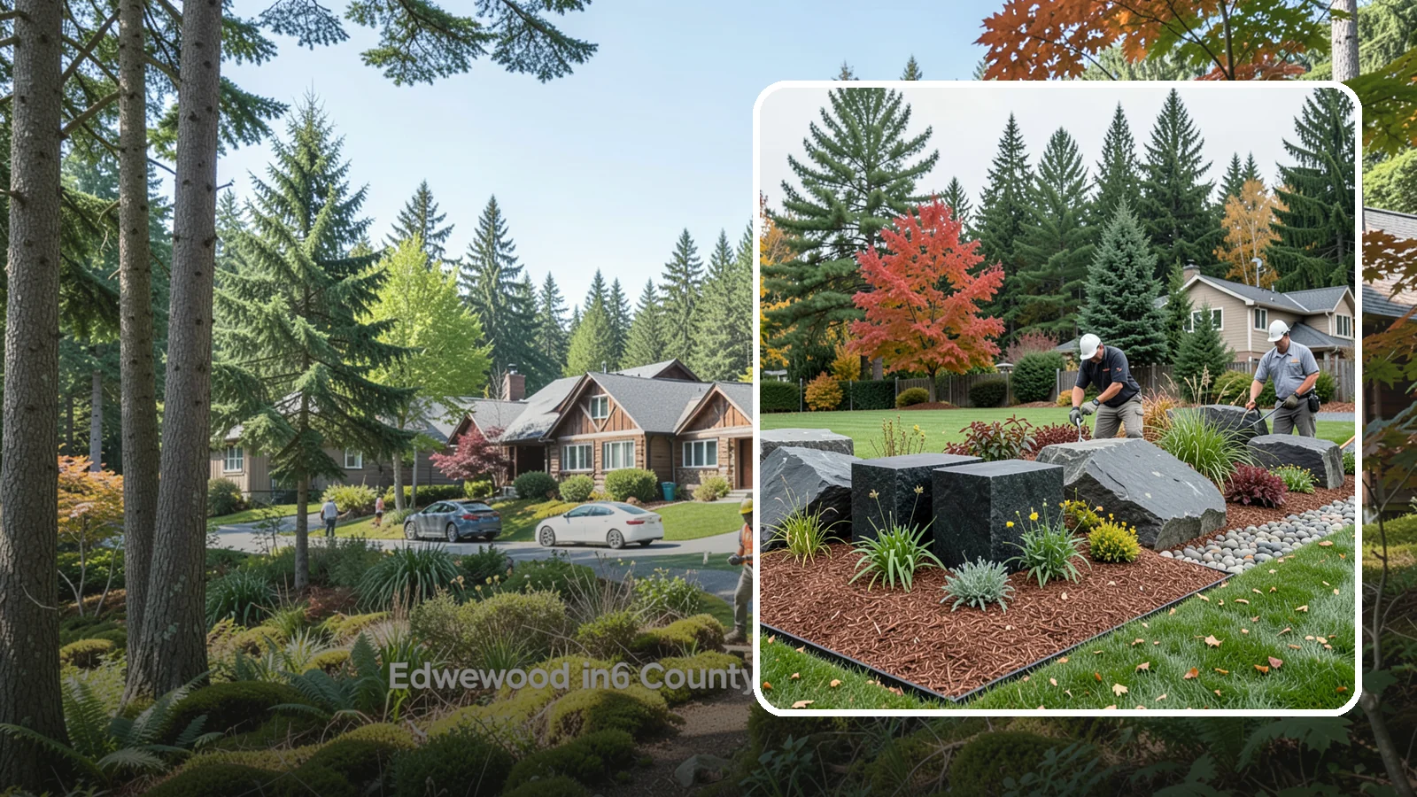 Basalt Rock Installation in Edgewood, Pierce County, WA - Dark, dense Northwest basalt in columns, boulders, and crushed forms for a bold, native-stone character.