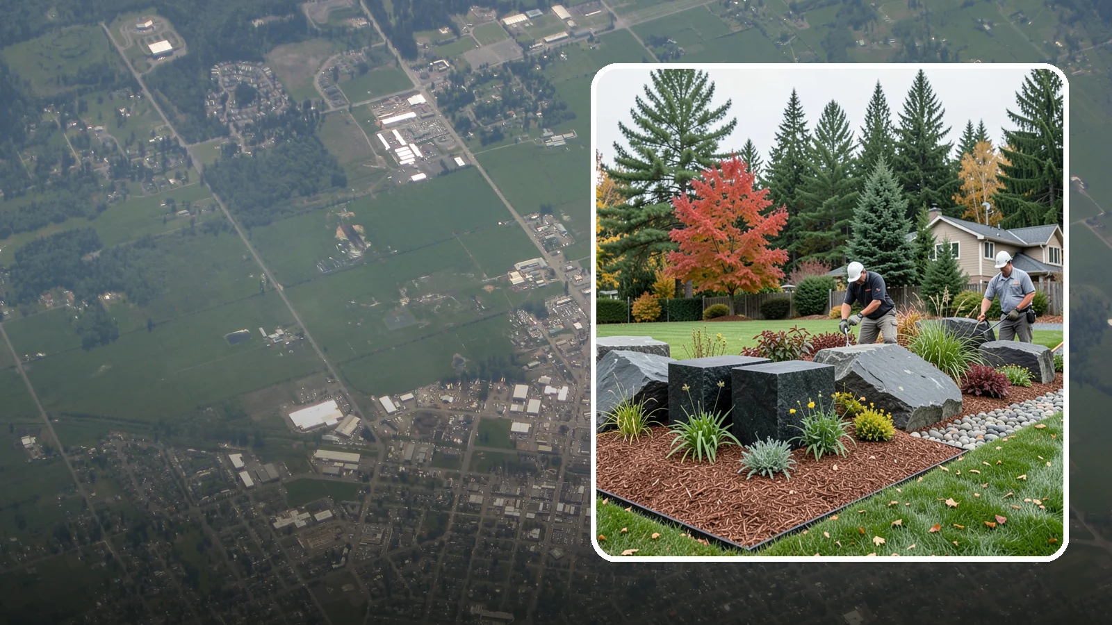 Basalt Rock Installation in Enumclaw, King County, WA - Dark, dense Northwest basalt in columns, boulders, and crushed forms for a bold, native-stone character.
