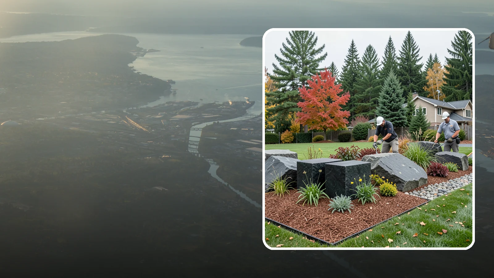 Basalt Rock Installation in Fife, Pierce County, WA - Dark, dense Northwest basalt in columns, boulders, and crushed forms for a bold, native-stone character.