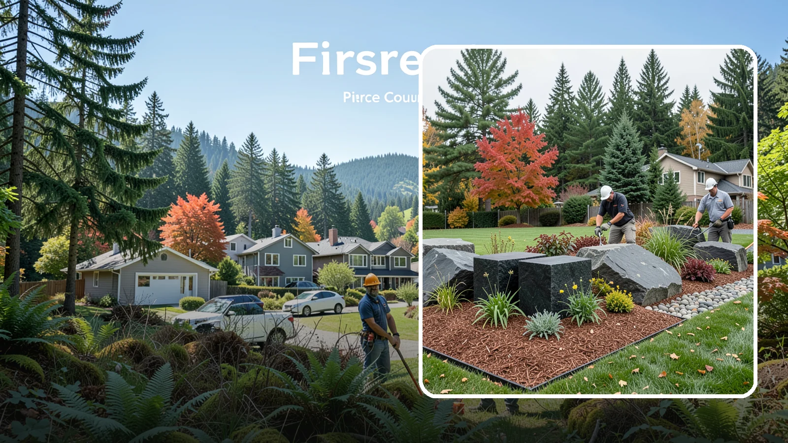 Basalt Rock Installation in Fircrest, Pierce County, WA - Dark, dense Northwest basalt in columns, boulders, and crushed forms for a bold, native-stone character.