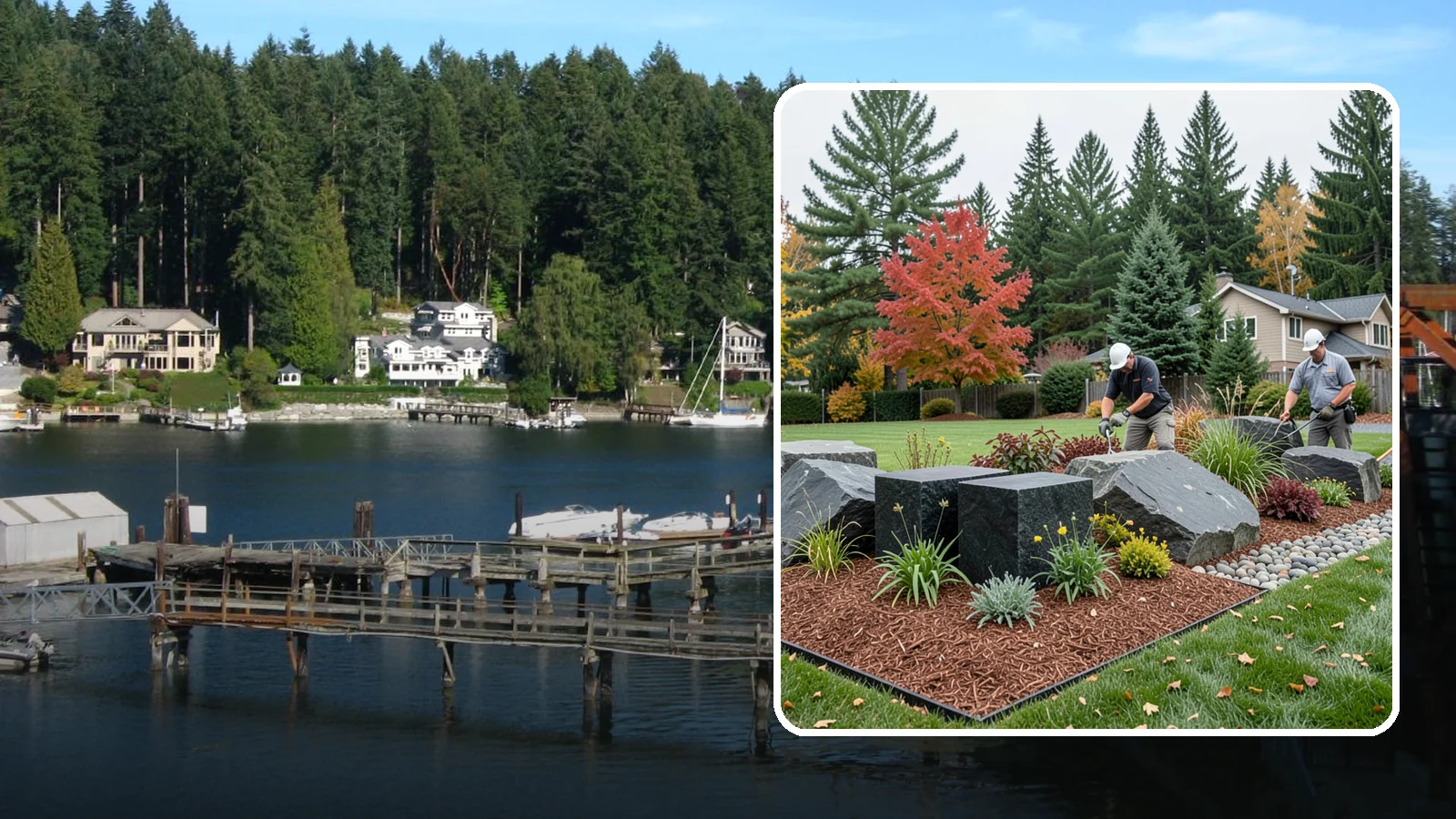 Basalt Rock Installation in Gig Harbor, Pierce County, WA - Dark, dense Northwest basalt in columns, boulders, and crushed forms for a bold, native-stone character.