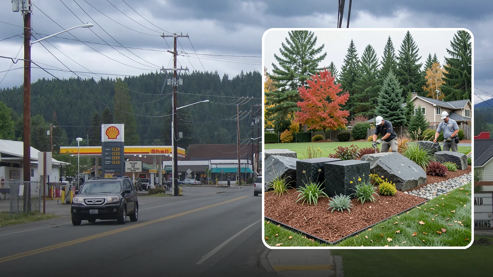 Basalt Rock Installation in Granite Falls, Snohomish County, WA - Dark, dense Northwest basalt in columns, boulders, and crushed forms for a bold, native-stone character.
