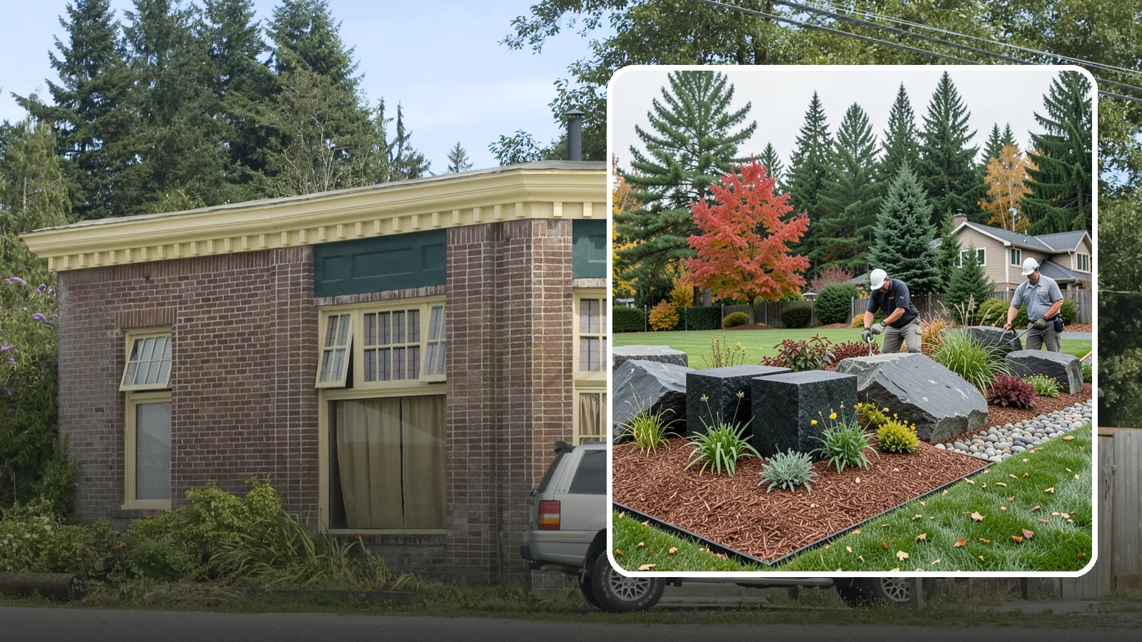 Basalt Rock Installation in Hamilton, Skagit County, WA - Dark, dense Northwest basalt in columns, boulders, and crushed forms for a bold, native-stone character.