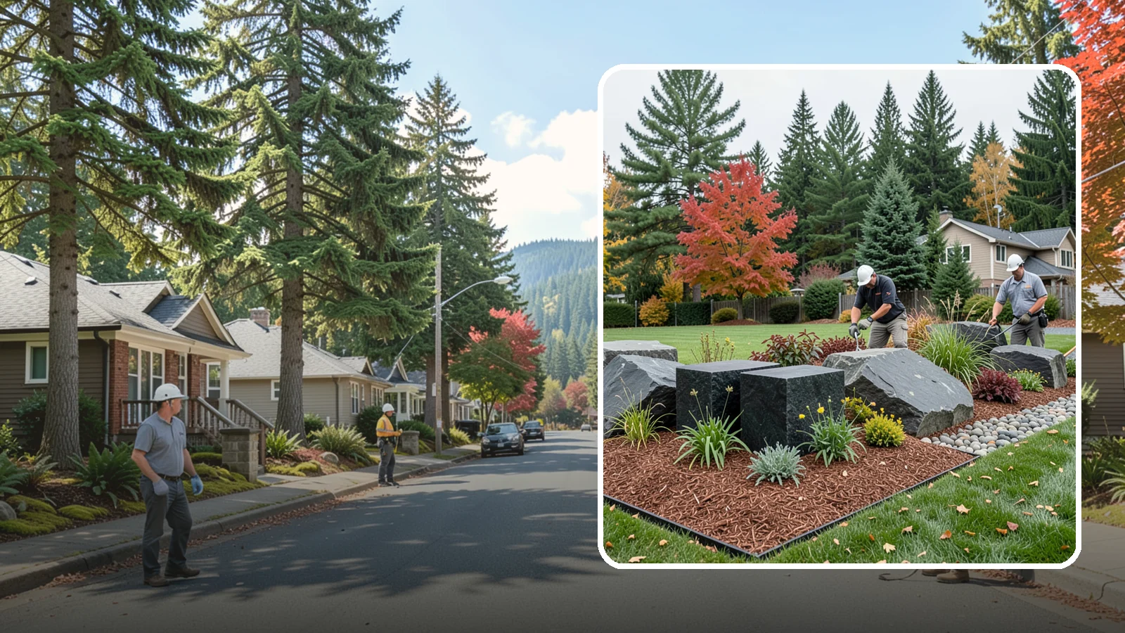 Basalt Rock Installation in Hunts Point, King County, WA - Dark, dense Northwest basalt in columns, boulders, and crushed forms for a bold, native-stone character.