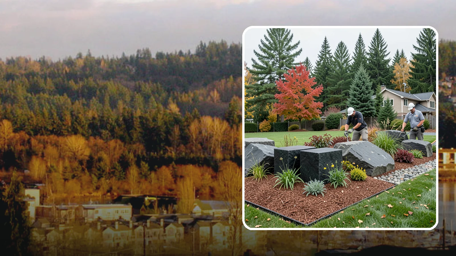 Basalt Rock Installation in Kenmore, King County, WA - Dark, dense Northwest basalt in columns, boulders, and crushed forms for a bold, native-stone character.