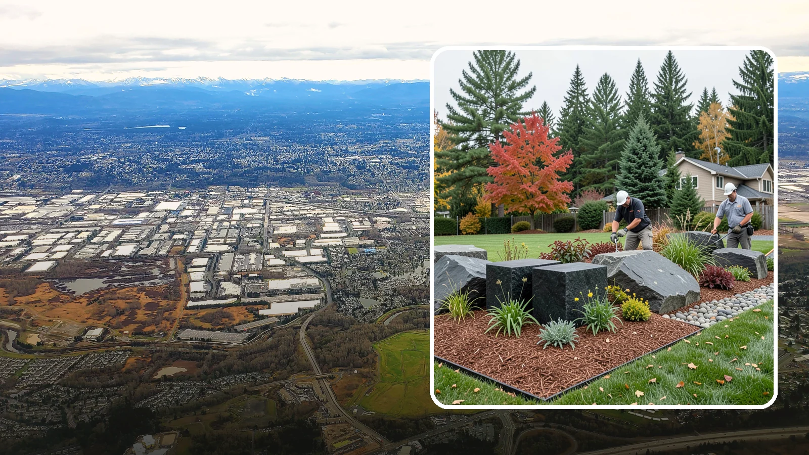 Basalt Rock Installation in Kent, King County, WA - Dark, dense Northwest basalt in columns, boulders, and crushed forms for a bold, native-stone character.