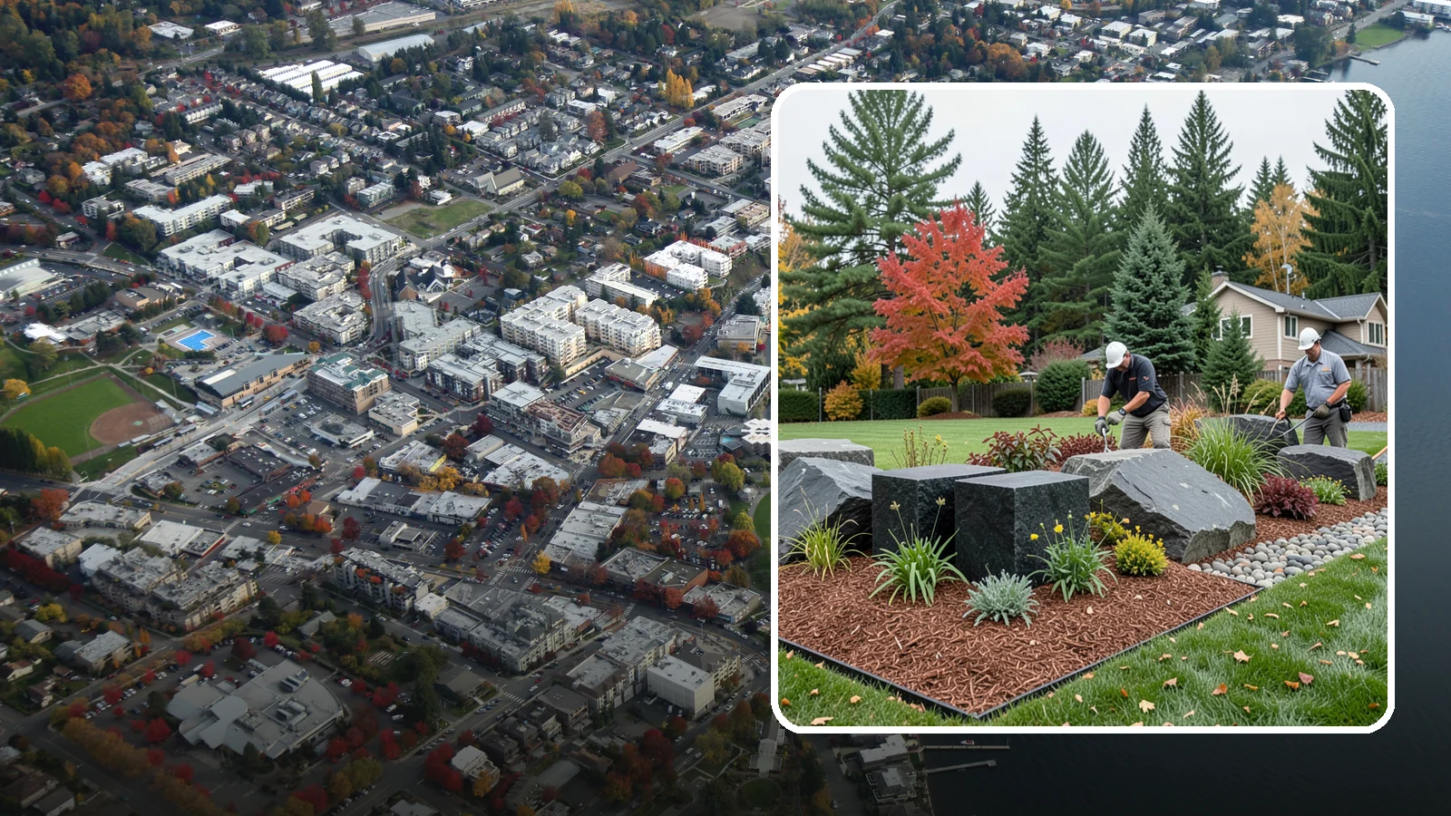 Basalt Rock Installation in Kirkland, King County, WA - Dark, dense Northwest basalt in columns, boulders, and crushed forms for a bold, native-stone character.