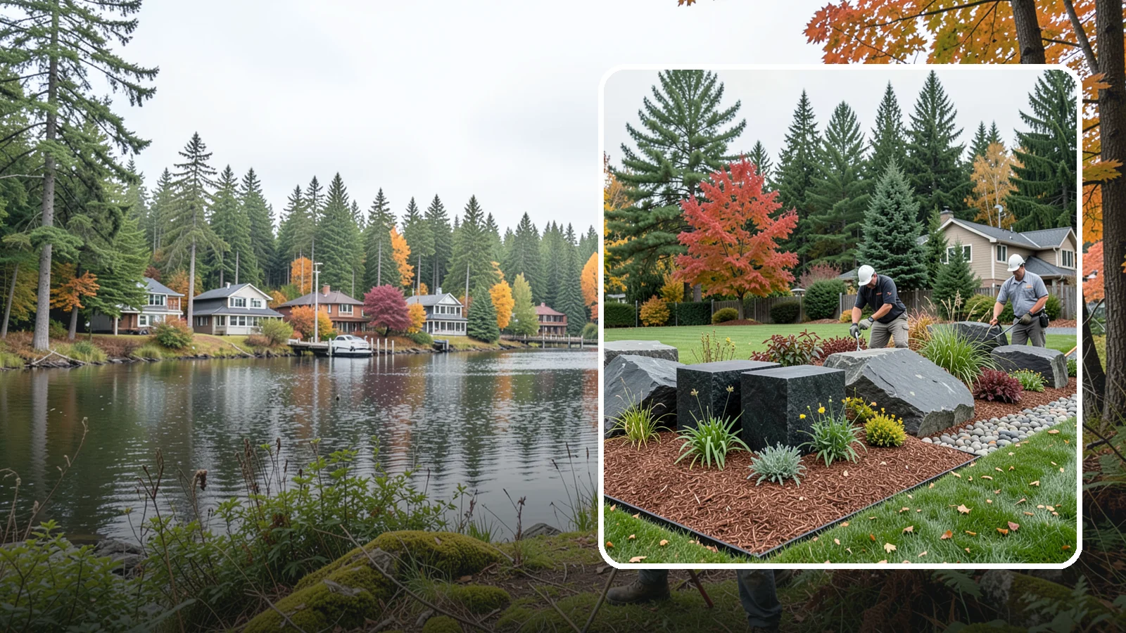 Basalt Rock Installation in La Conner, Skagit County, WA - Dark, dense Northwest basalt in columns, boulders, and crushed forms for a bold, native-stone character.