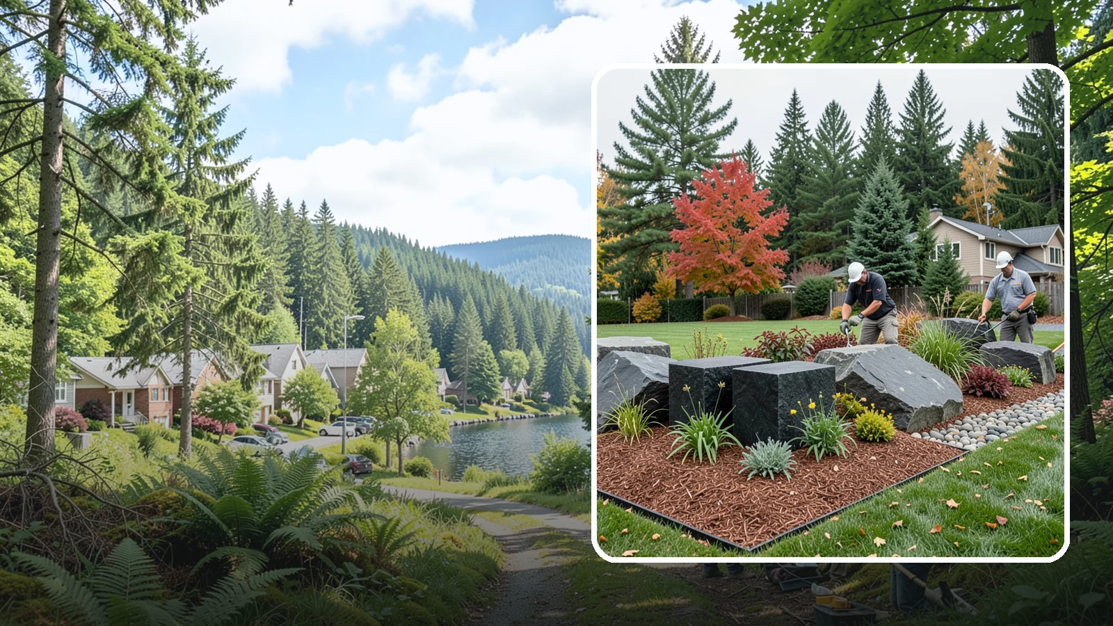 Basalt Rock Installation in Lake Forest Park, King County, WA - Dark, dense Northwest basalt in columns, boulders, and crushed forms for a bold, native-stone character.