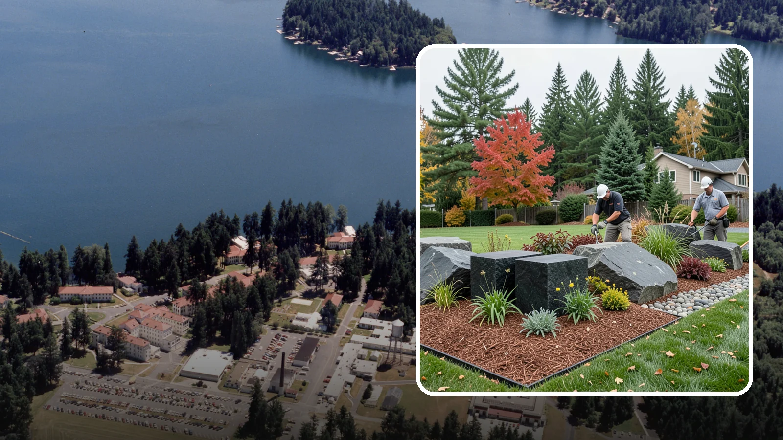 Basalt Rock Installation in Lakewood, Pierce County, WA - Dark, dense Northwest basalt in columns, boulders, and crushed forms for a bold, native-stone character.