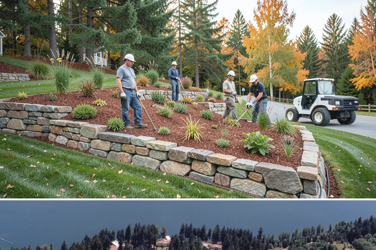 Basalt Rock Installation in Lakewood, Pierce County, WA - Basalt can be set any time of year, though summer's firmer ground makes placing heavy boulders and columns safer and easier.