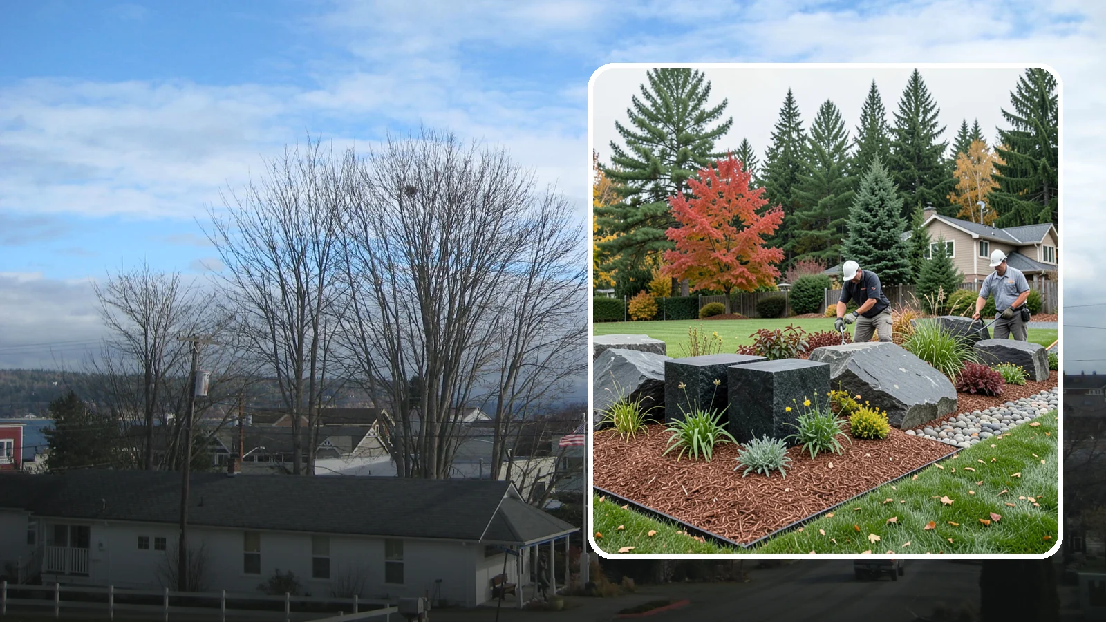 Basalt Rock Installation in Langley, Island County, WA - Dark, dense Northwest basalt in columns, boulders, and crushed forms for a bold, native-stone character.