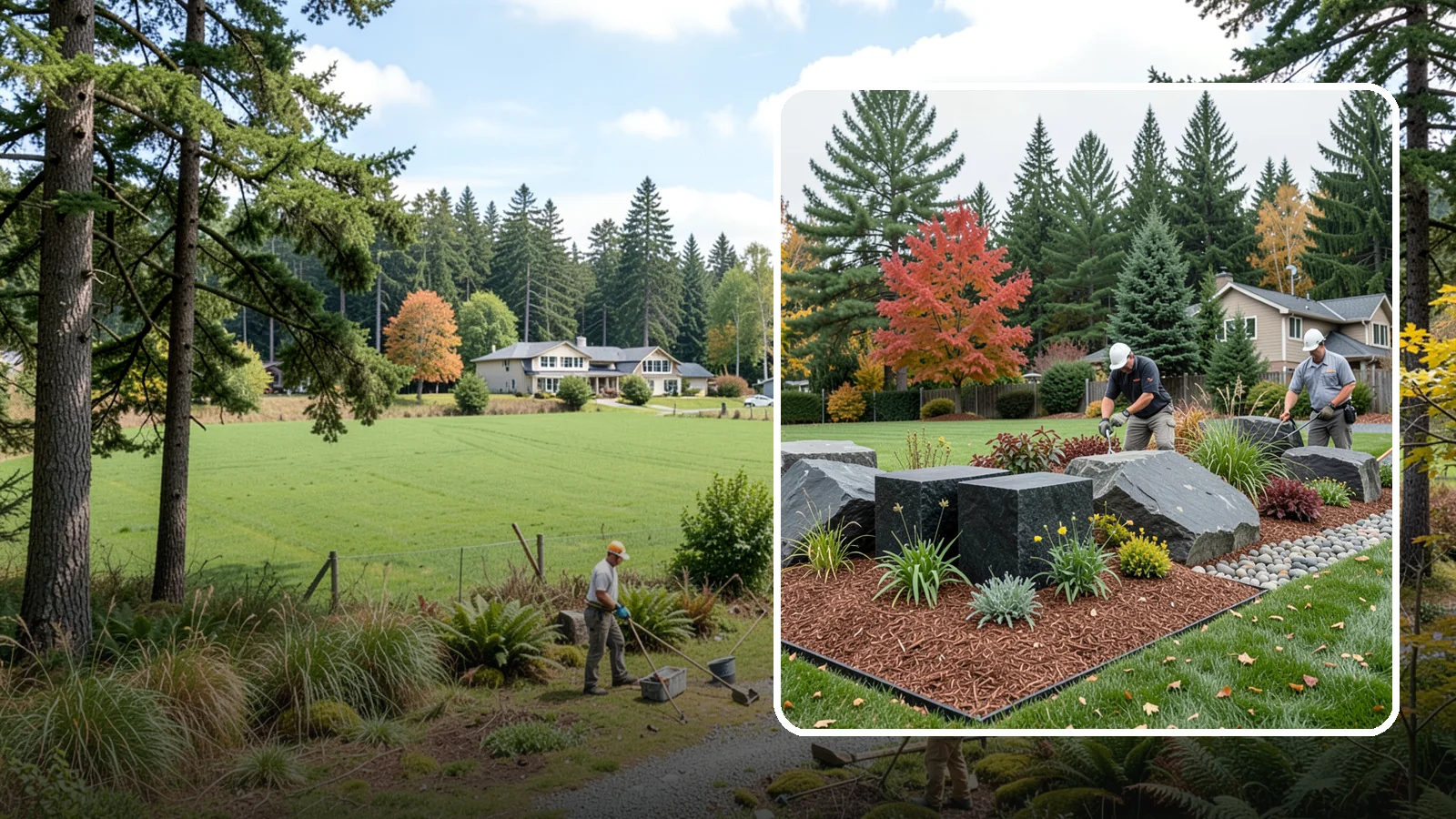 Basalt Rock Installation in Lyman, Skagit County, WA - Dark, dense Northwest basalt in columns, boulders, and crushed forms for a bold, native-stone character.