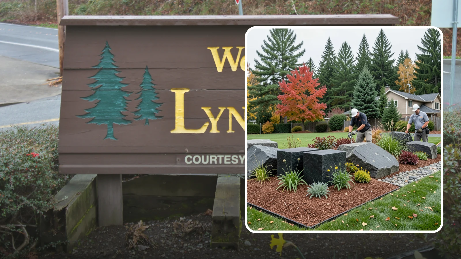 Basalt Rock Installation in Lynnwood, Snohomish County, WA - Dark, dense Northwest basalt in columns, boulders, and crushed forms for a bold, native-stone character.