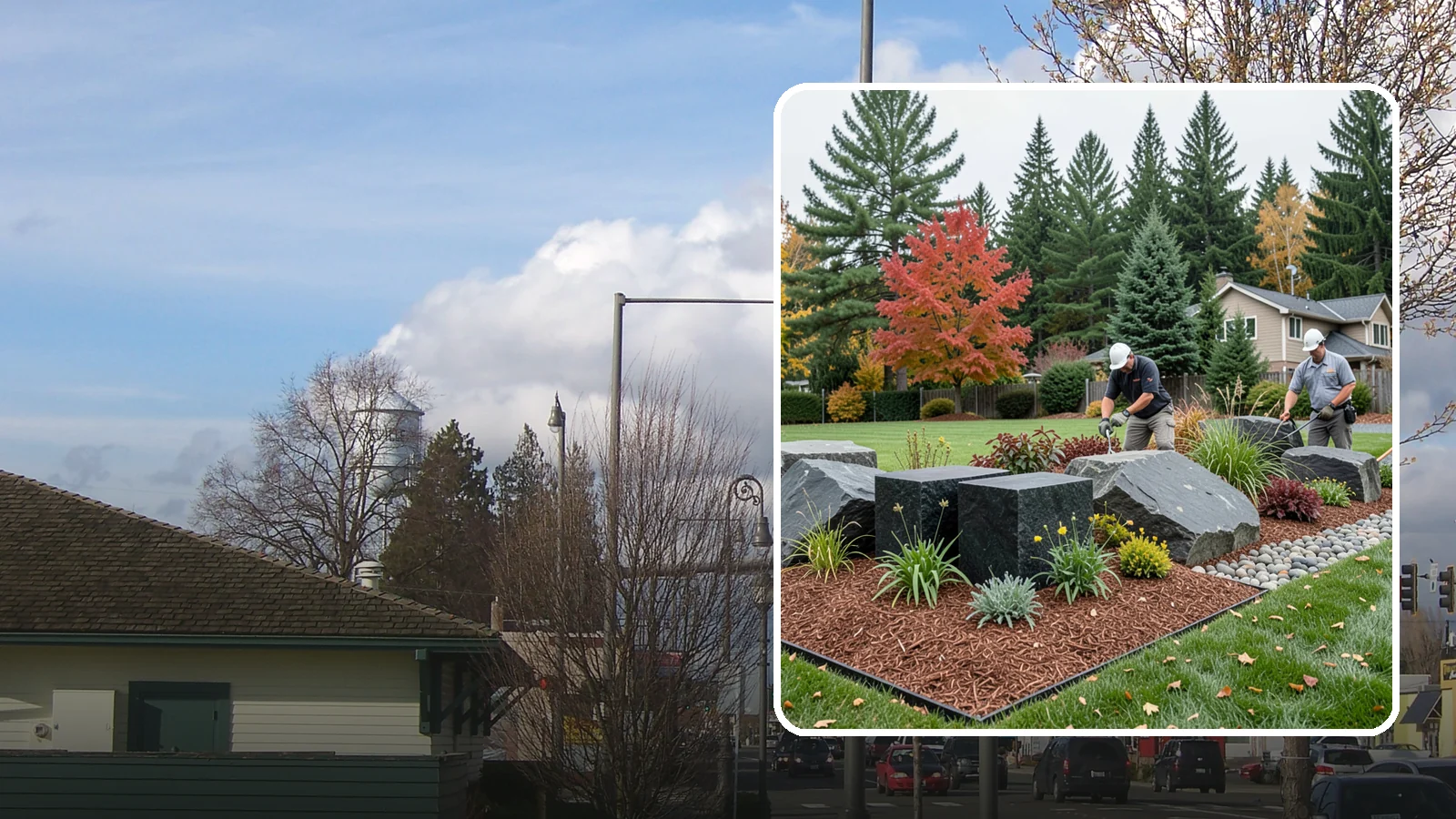 Basalt Rock Installation in Marysville, Snohomish County, WA - Dark, dense Northwest basalt in columns, boulders, and crushed forms for a bold, native-stone character.
