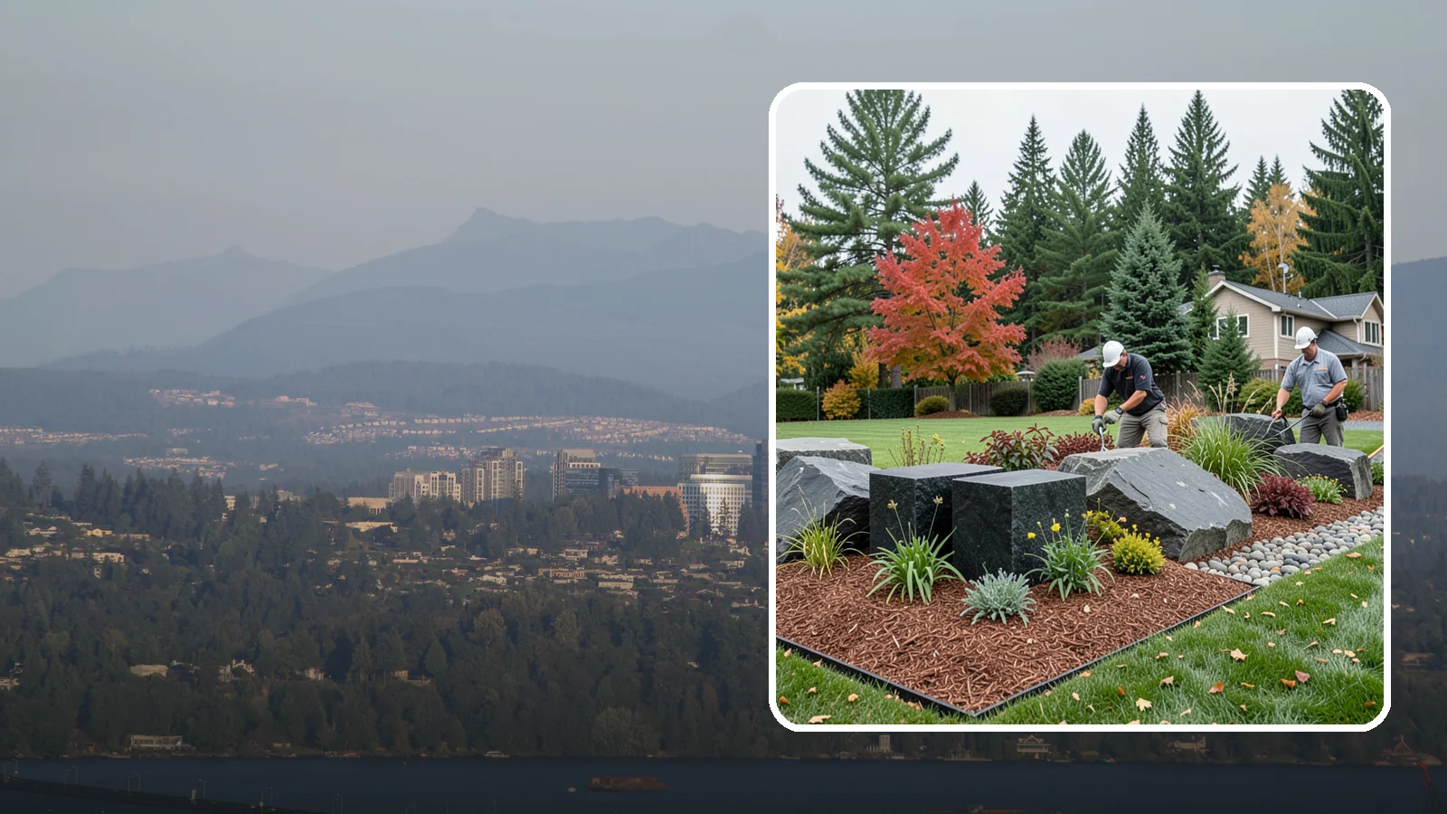 Basalt Rock Installation in Medina, King County, WA - Dark, dense Northwest basalt in columns, boulders, and crushed forms for a bold, native-stone character.