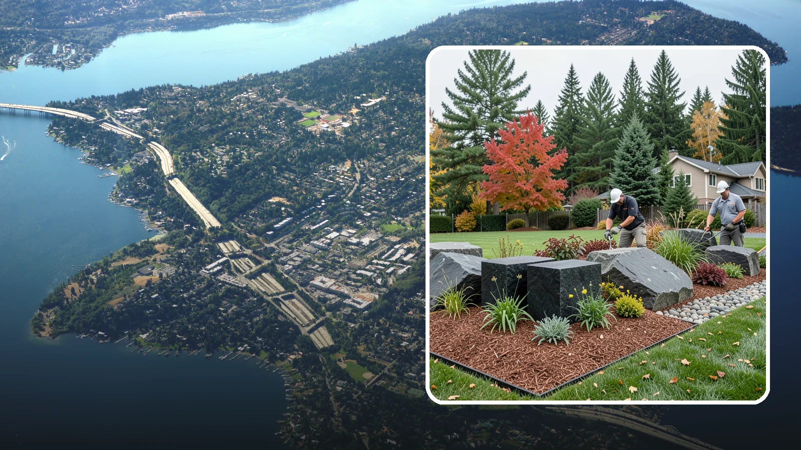 Basalt Rock Installation in Mercer Island, King County, WA - Dark, dense Northwest basalt in columns, boulders, and crushed forms for a bold, native-stone character.
