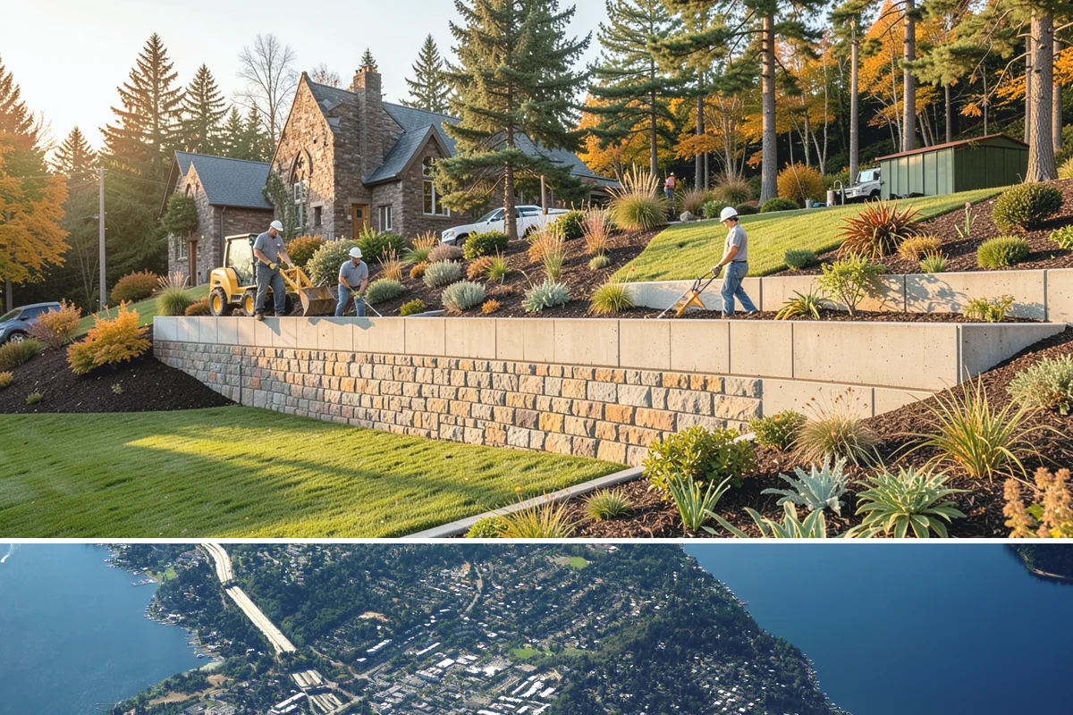 Basalt Rock Installation in Mercer Island, King County, WA - Basalt can be set any time of year, though summer's firmer ground makes placing heavy boulders and columns safer and easier.