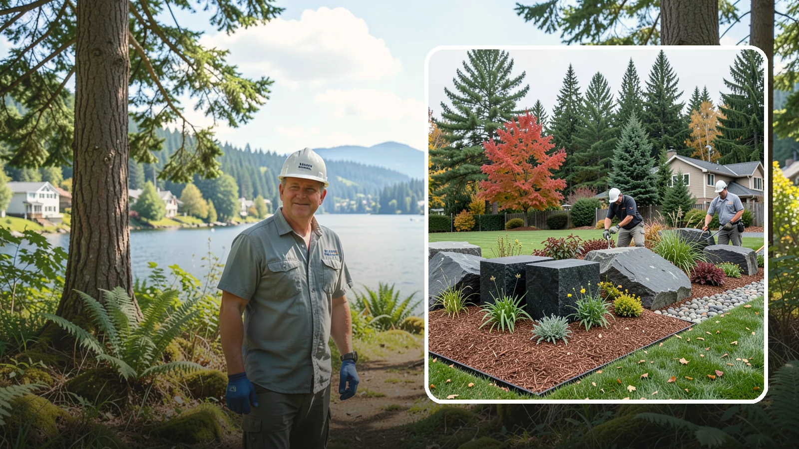 Basalt Rock Installation in Milton, King County, WA - Dark, dense Northwest basalt in columns, boulders, and crushed forms for a bold, native-stone character.