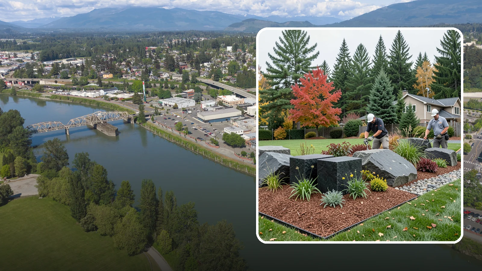 Basalt Rock Installation in Mount Vernon, Skagit County, WA - Dark, dense Northwest basalt in columns, boulders, and crushed forms for a bold, native-stone character.