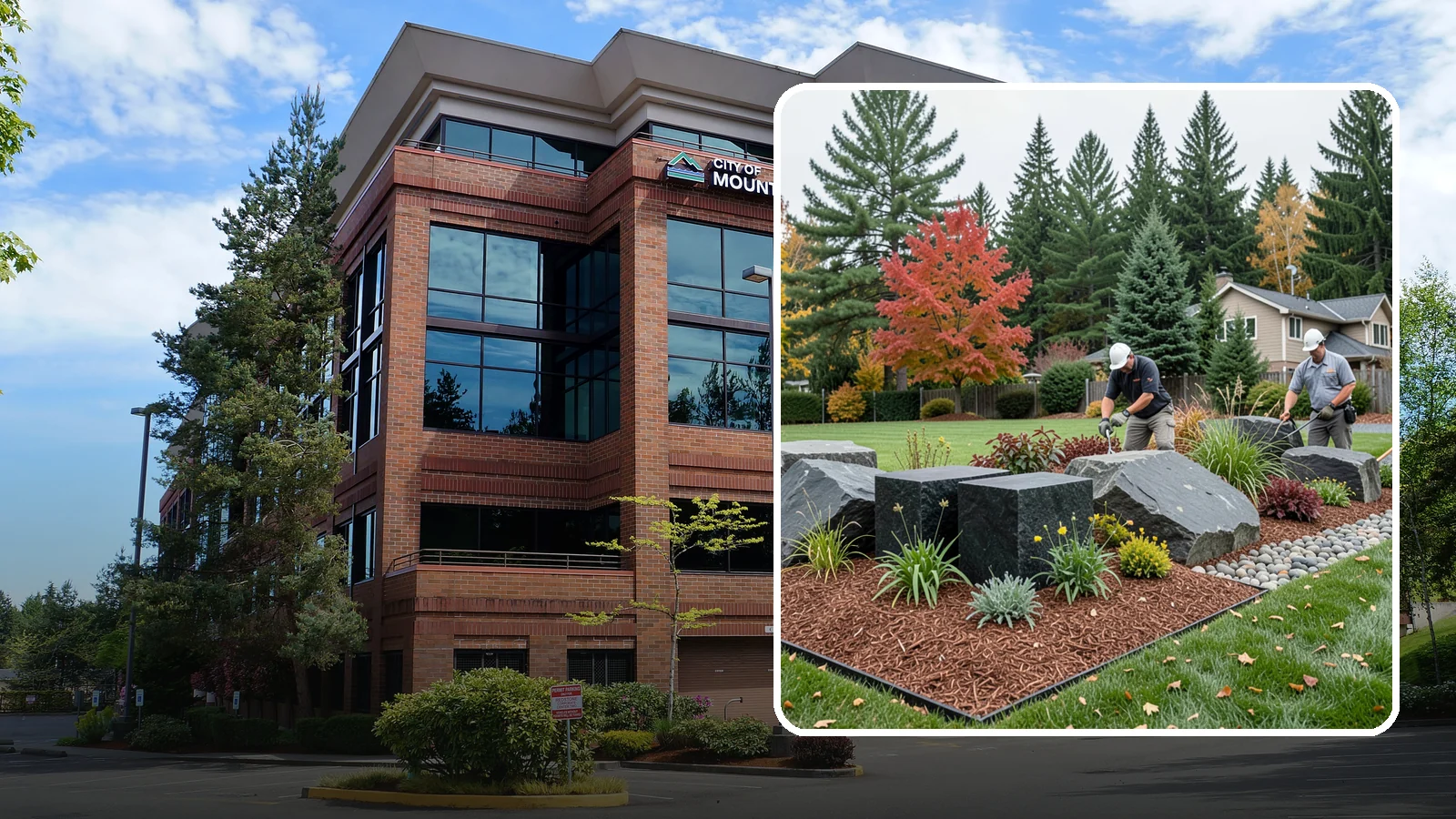 Basalt Rock Installation in Mountlake Terrace, Snohomish County, WA - Dark, dense Northwest basalt in columns, boulders, and crushed forms for a bold, native-stone character.