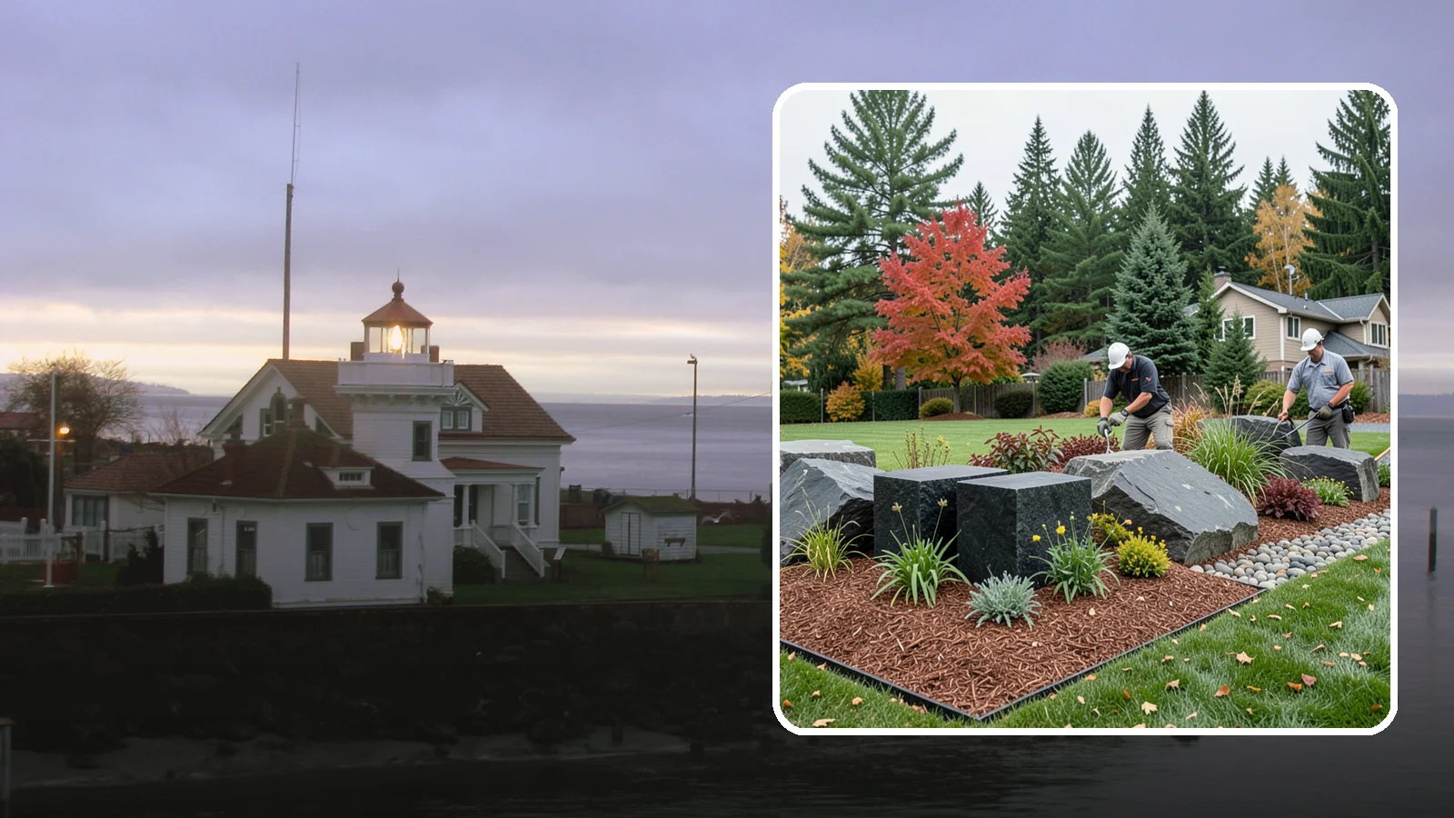 Basalt Rock Installation in Mukilteo, Snohomish County, WA - Dark, dense Northwest basalt in columns, boulders, and crushed forms for a bold, native-stone character.