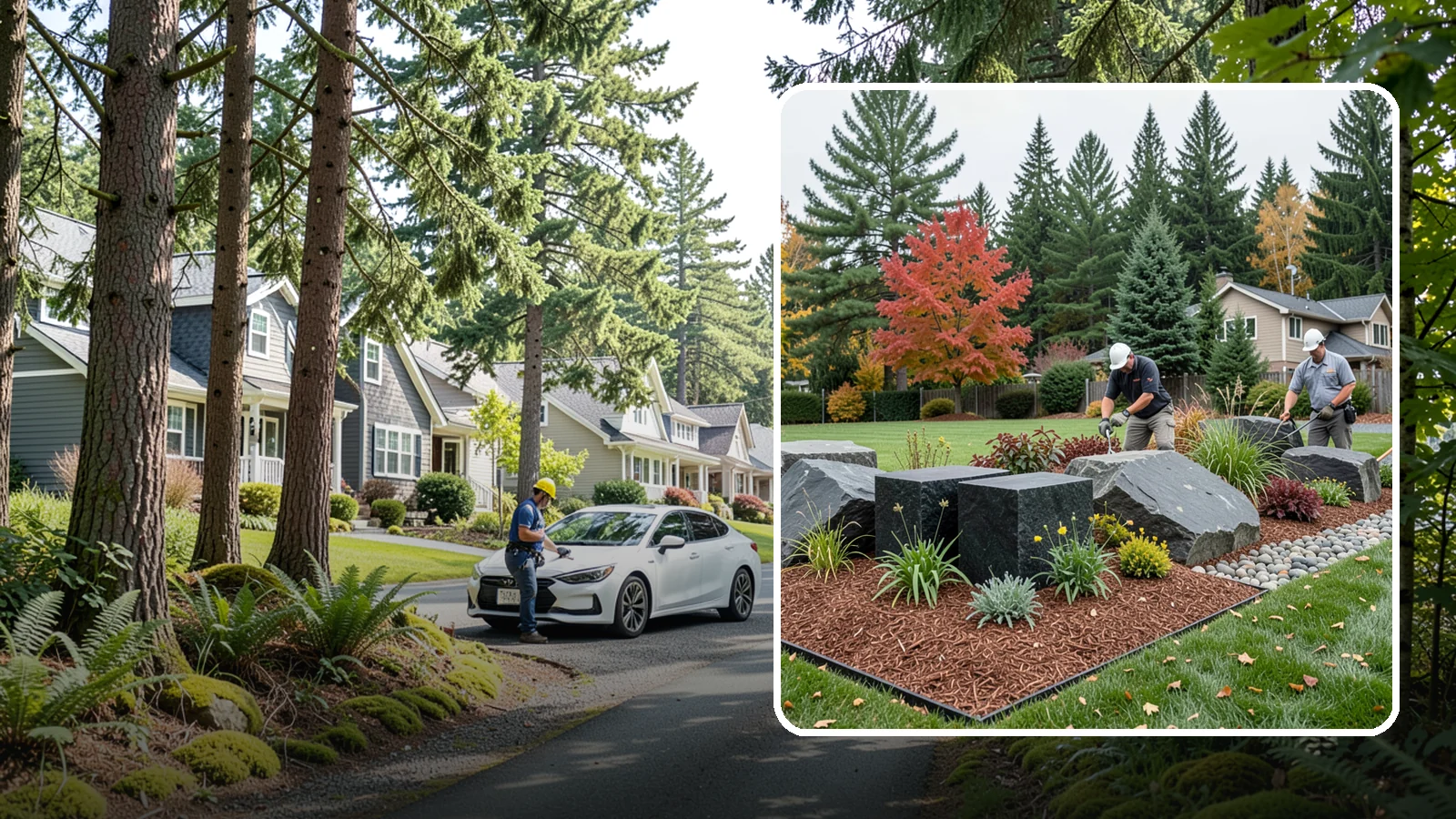 Basalt Rock Installation in Normandy Park, King County, WA - Dark, dense Northwest basalt in columns, boulders, and crushed forms for a bold, native-stone character.