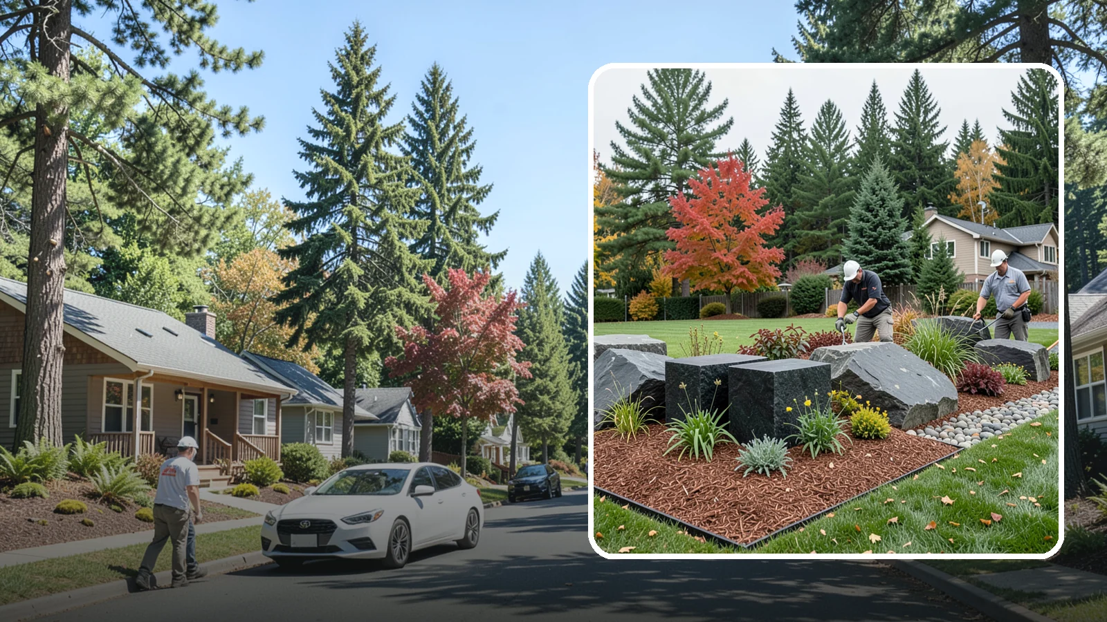 Basalt Rock Installation in Orting, Pierce County, WA - Dark, dense Northwest basalt in columns, boulders, and crushed forms for a bold, native-stone character.