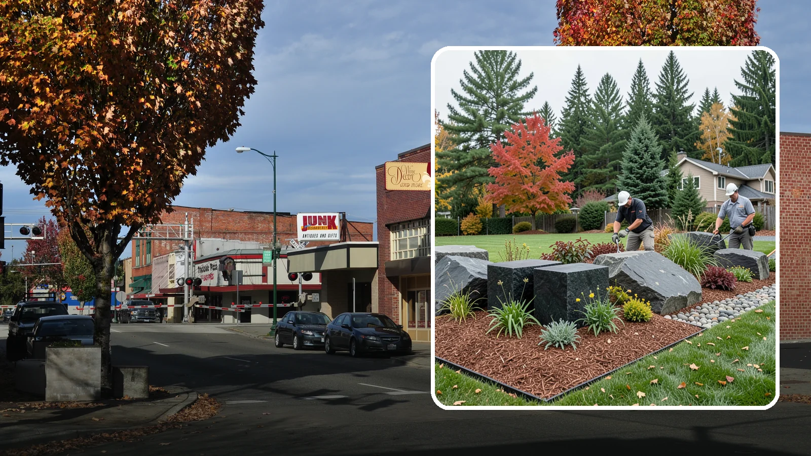 Basalt Rock Installation in Puyallup, Pierce County, WA - Dark, dense Northwest basalt in columns, boulders, and crushed forms for a bold, native-stone character.