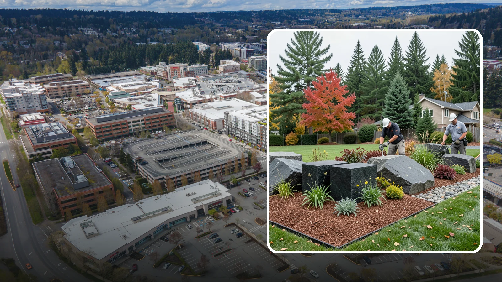 Basalt Rock Installation in Redmond, King County, WA - Dark, dense Northwest basalt in columns, boulders, and crushed forms for a bold, native-stone character.