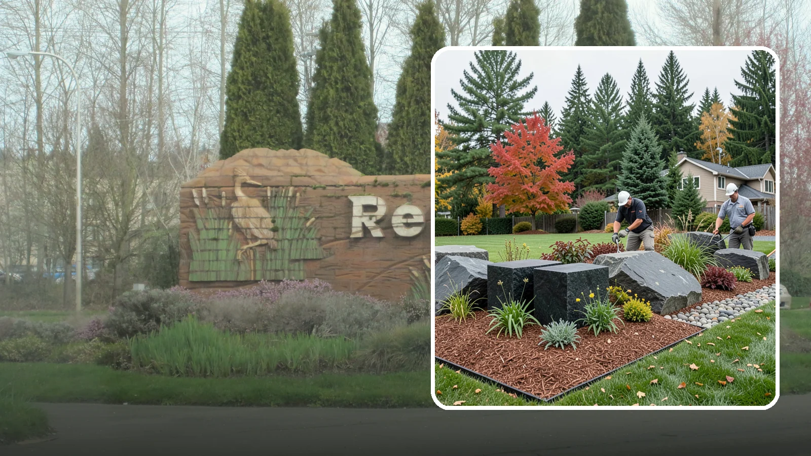 Basalt Rock Installation in Renton, King County, WA - Dark, dense Northwest basalt in columns, boulders, and crushed forms for a bold, native-stone character.